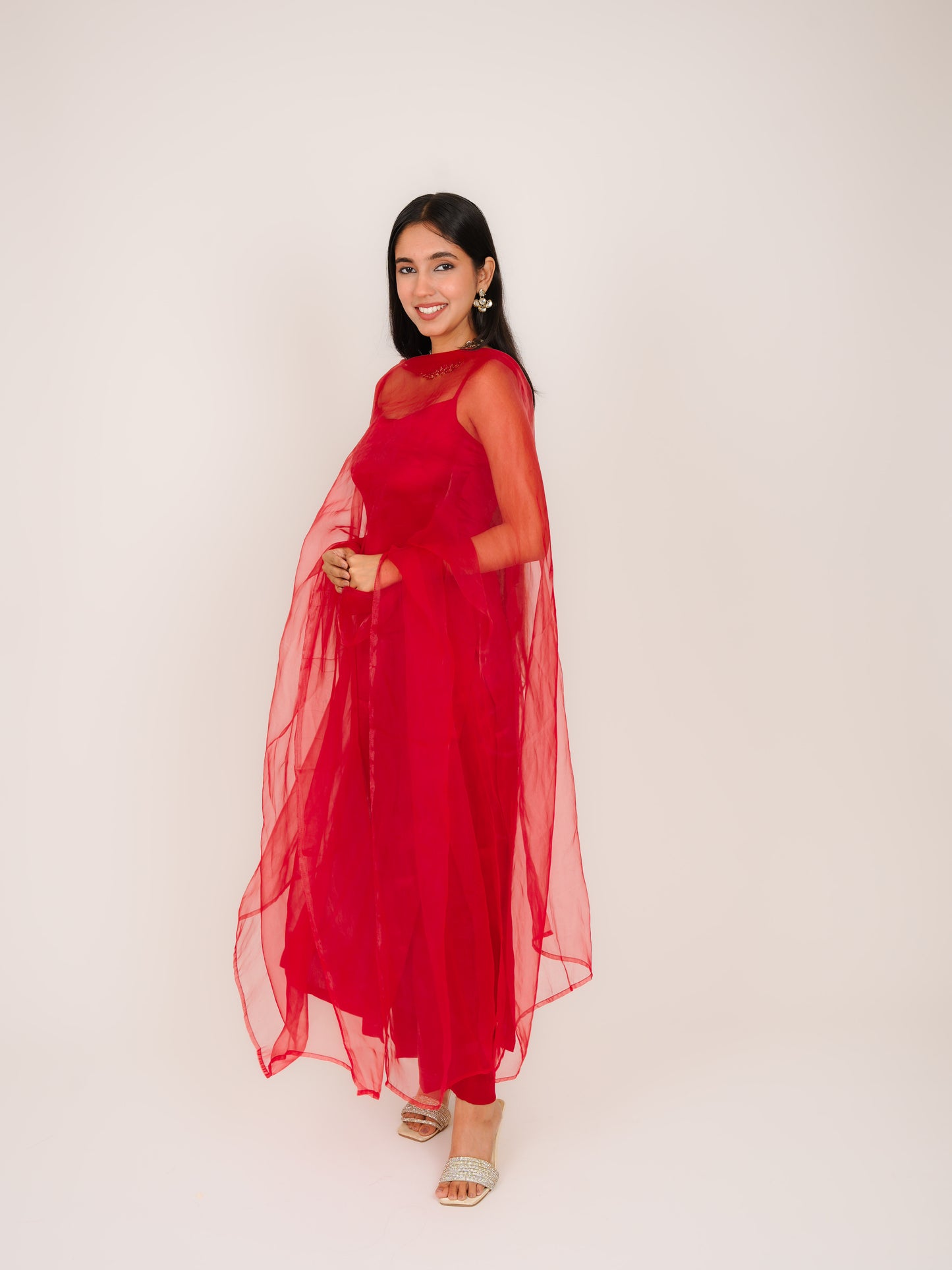 IRAAYA RED SATIN NOODLE STRAP KURTA WITH TROUSERS & DUPATTA