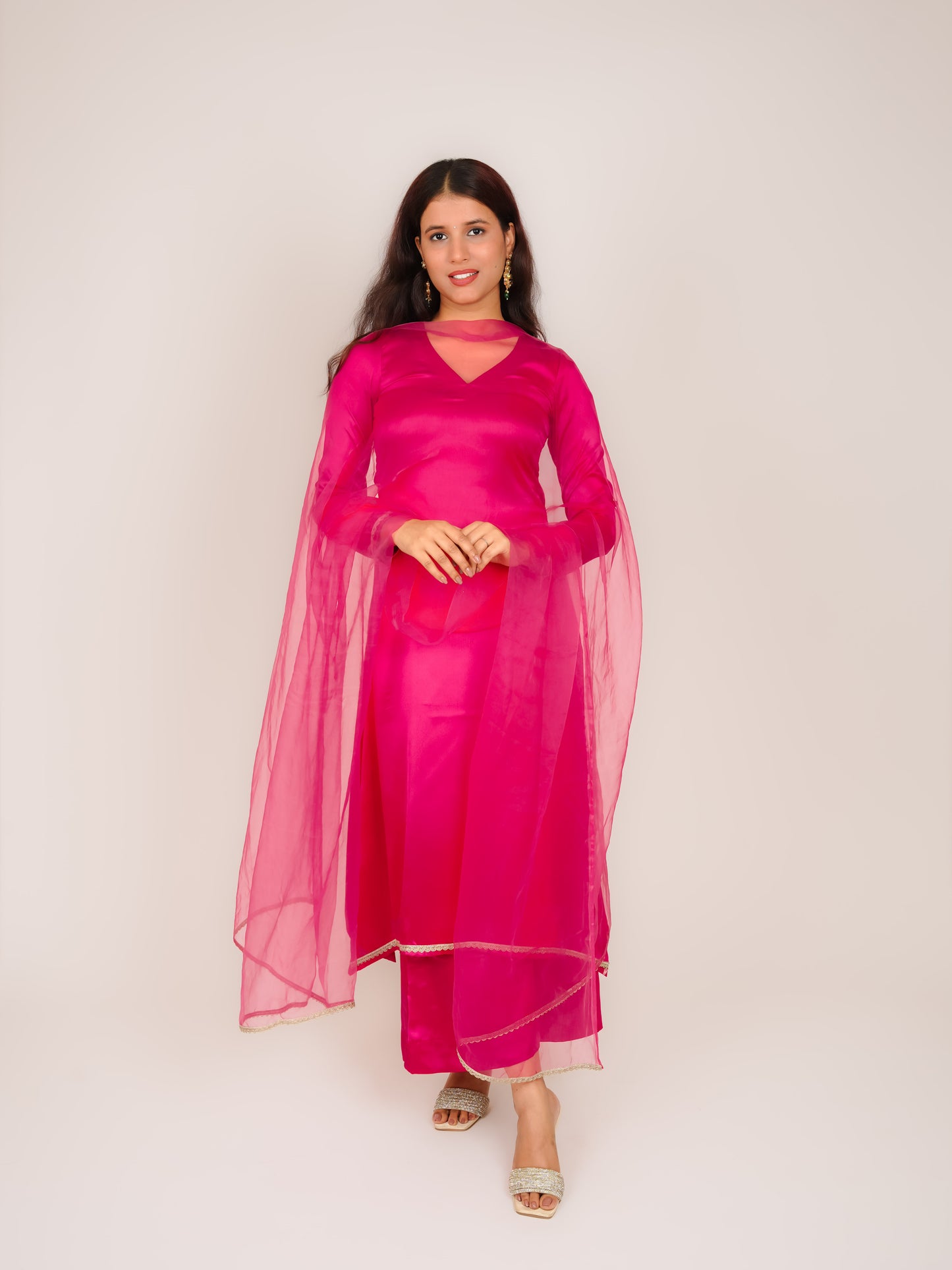 SAANVI PINK SATIN A-LINE KURTA WITH TROUSERS & DUPATTA