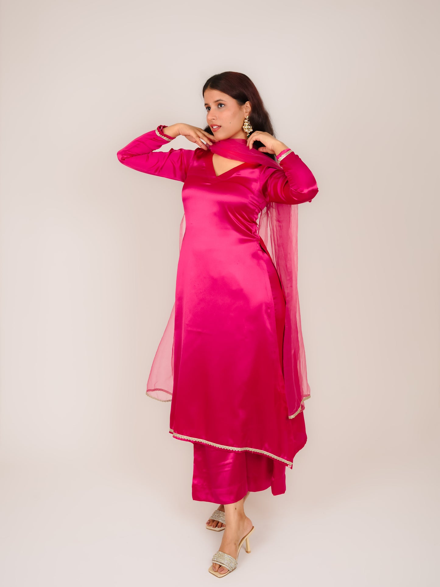 SAANVI PINK SATIN A-LINE KURTA WITH TROUSERS & DUPATTA