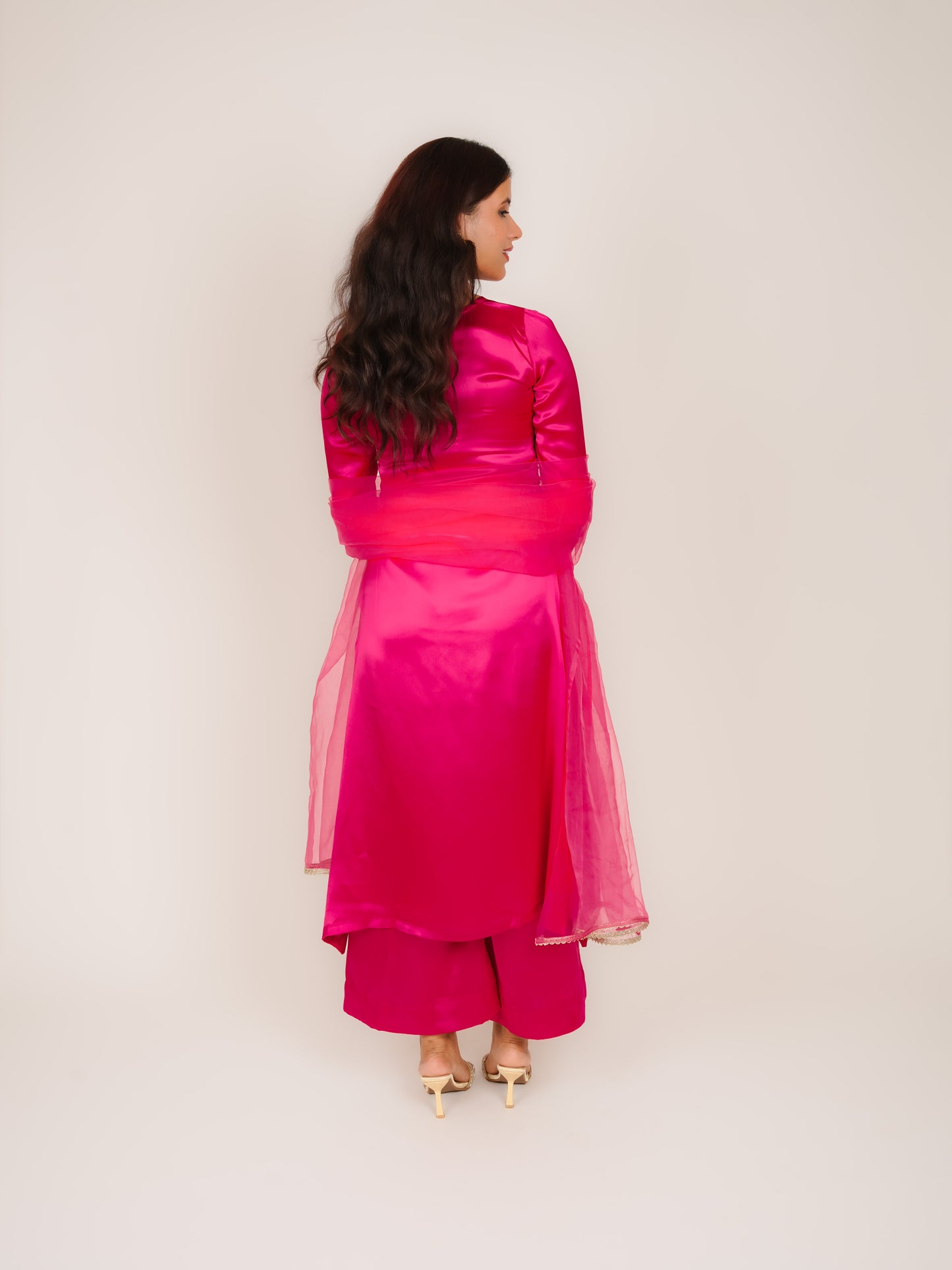 SAANVI PINK SATIN A-LINE KURTA WITH TROUSERS & DUPATTA