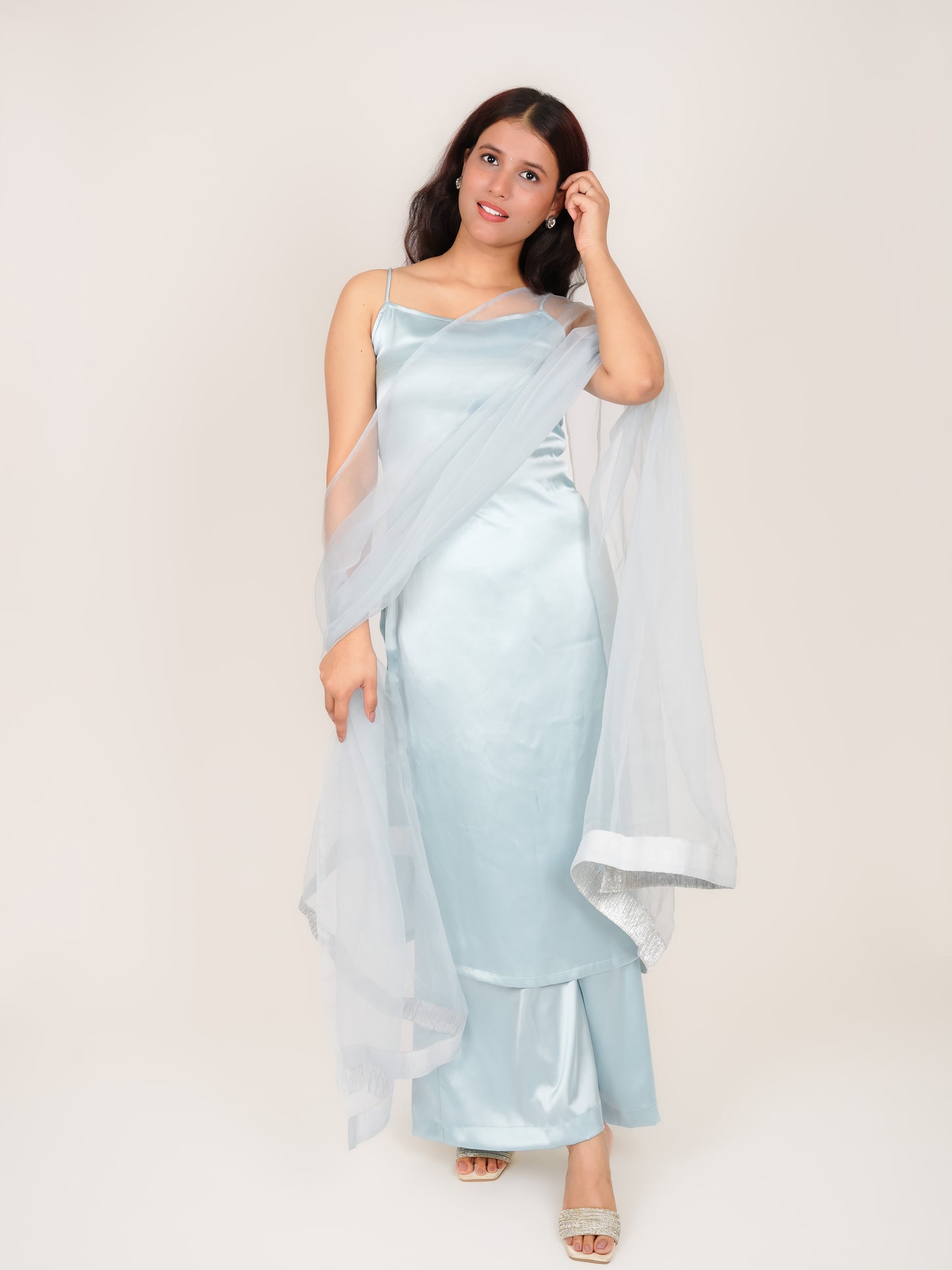 MYRA ICE BLUE NOODLE STRAP SATIN SUIT SET