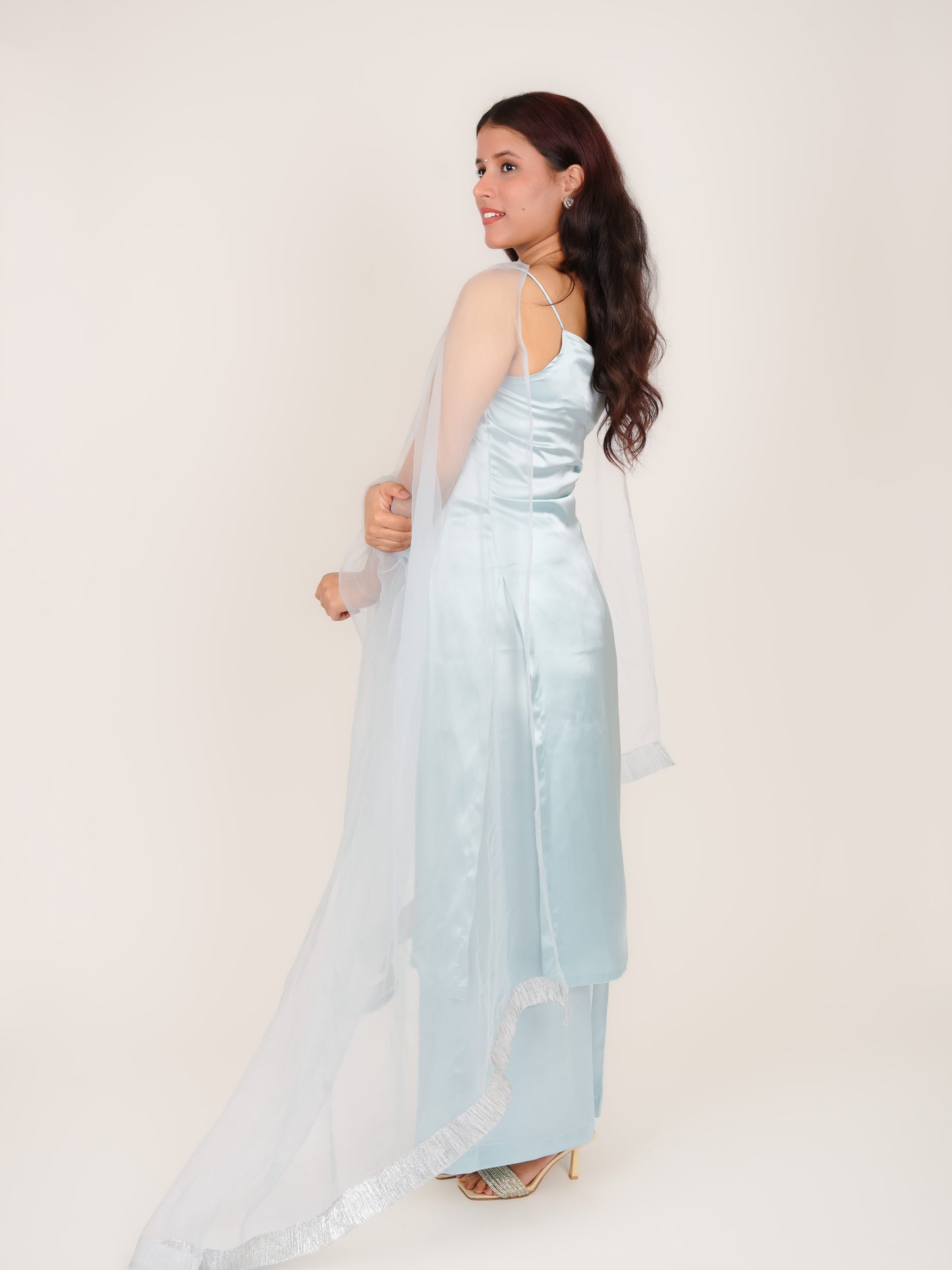 MYRA ICE BLUE NOODLE STRAP SATIN SUIT SET