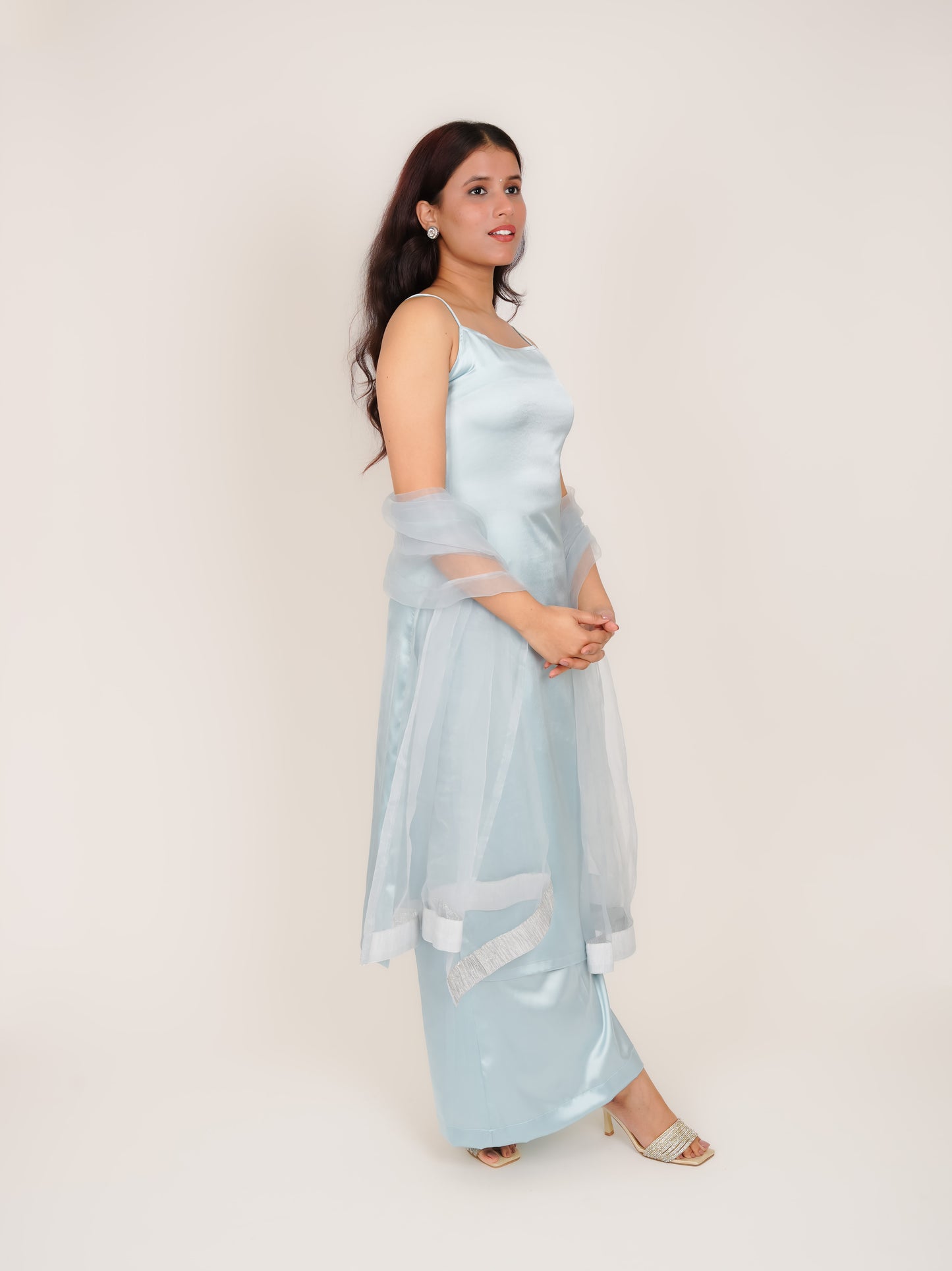 MYRA ICE BLUE NOODLE STRAP SATIN SUIT SET