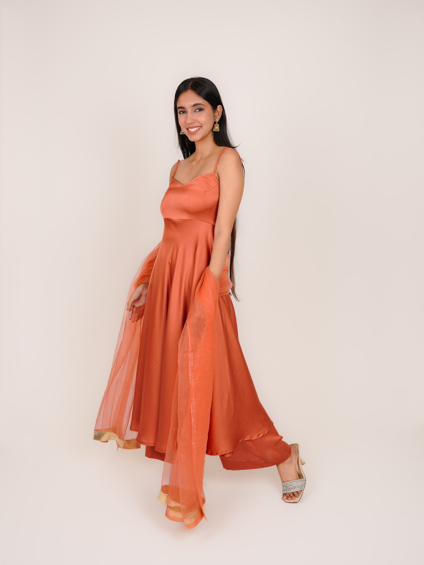 ANVIKA SHOULDER STRAP ANARKALI SATIN KURTA WITH PALAZZOS & DUPATTA