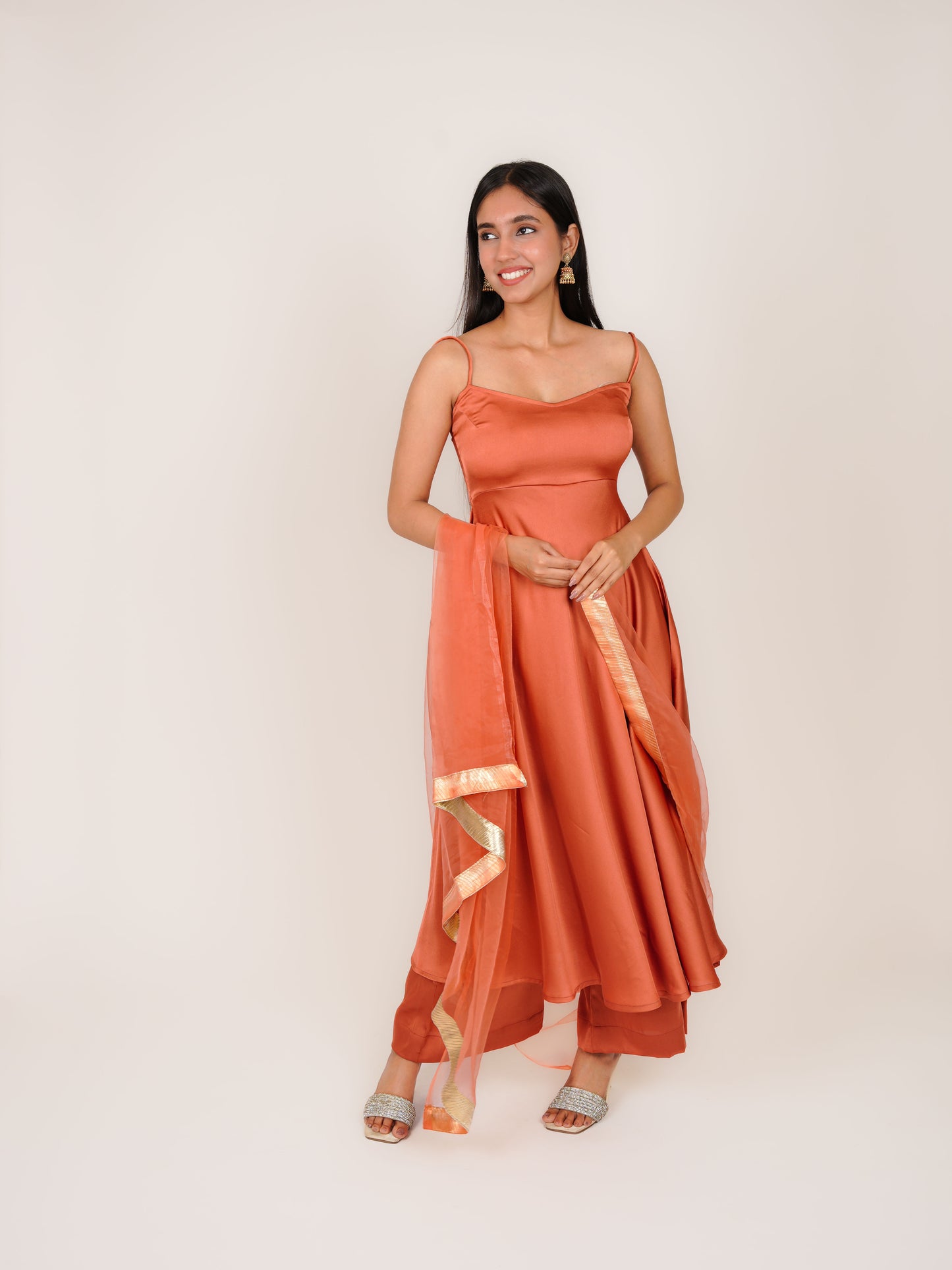 ANVIKA SHOULDER STRAP ANARKALI SATIN KURTA WITH PALAZZOS & DUPATTA