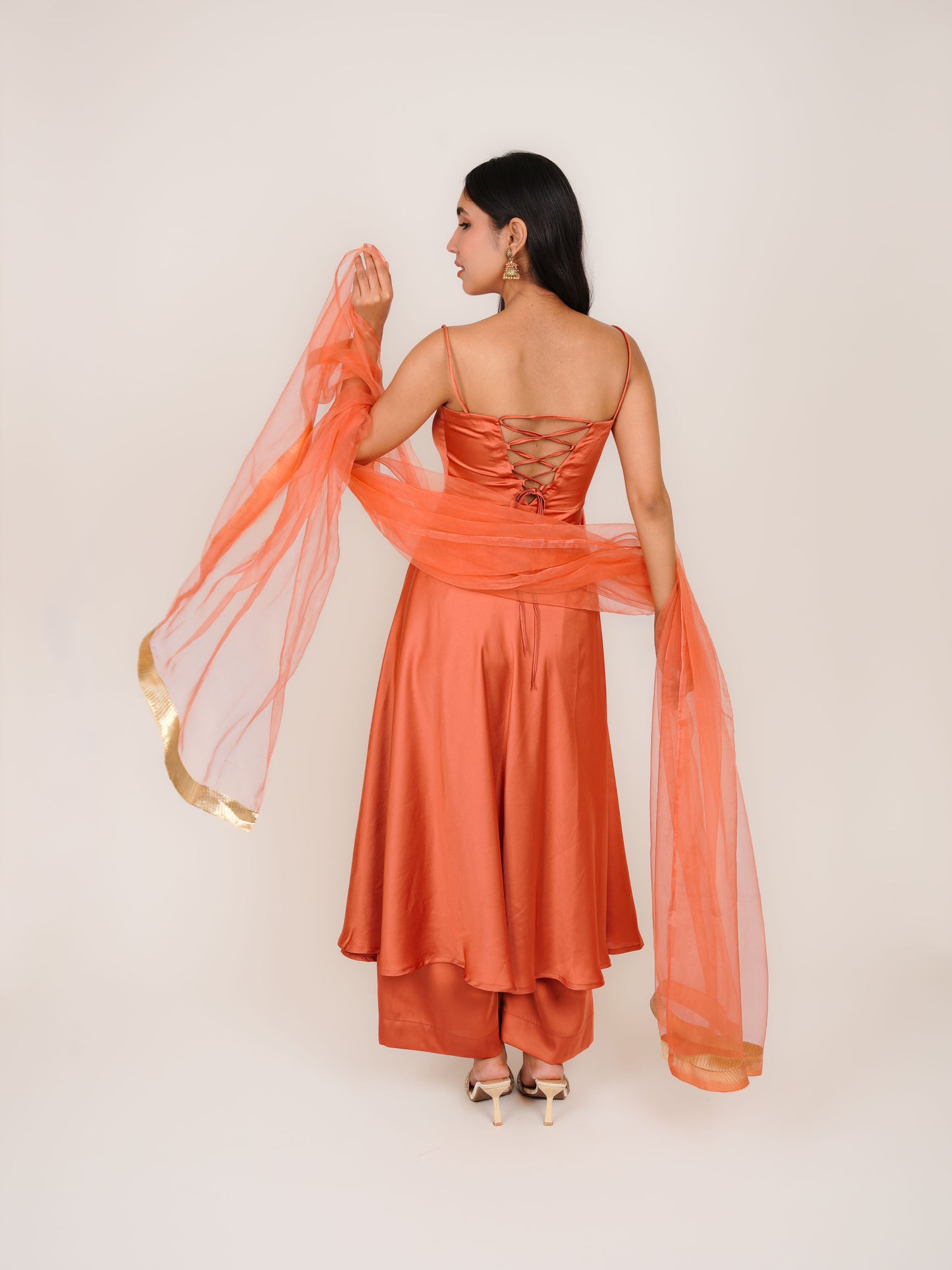 ANVIKA SHOULDER STRAP ANARKALI SATIN KURTA WITH PALAZZOS & DUPATTA