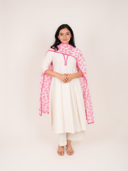 AAROHI WHITE COTTON SUIT SET WITH FLORAL PRINT DUPATTA