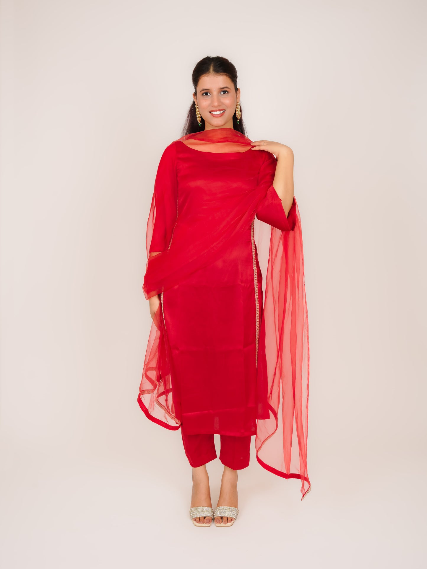 PRISHA RED SATIN SIDE LACE KURTA WITH TROUSERS & DUPATTA