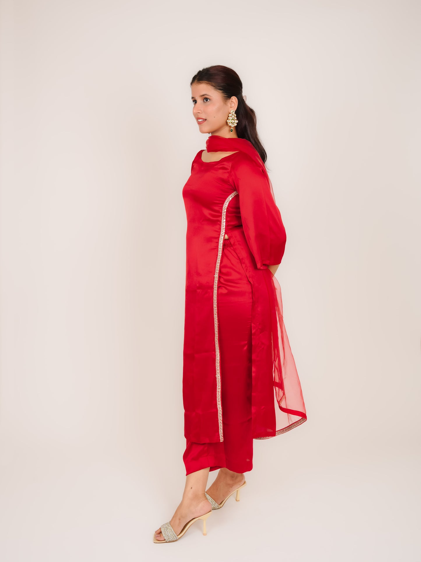 PRISHA RED SATIN SIDE LACE KURTA WITH TROUSERS & DUPATTA