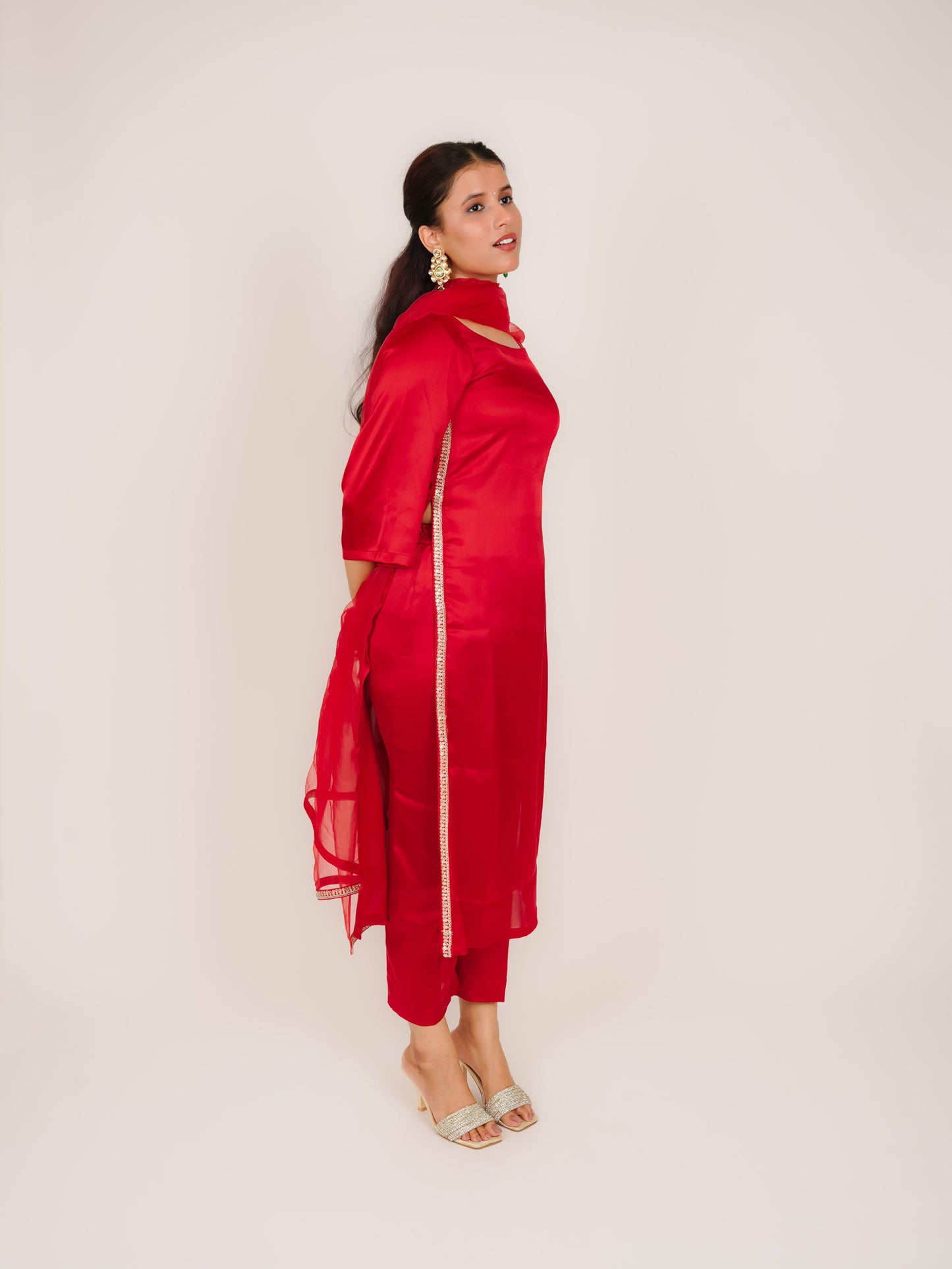 PRISHA RED SATIN SIDE LACE KURTA WITH TROUSERS & DUPATTA