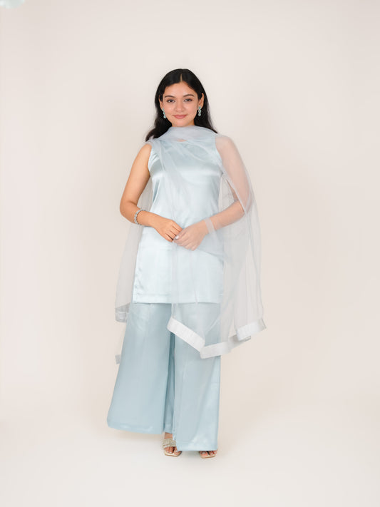TAVISHA BLUE SATIN SHORT KURTI WITH PALAZZO & DUPATTA