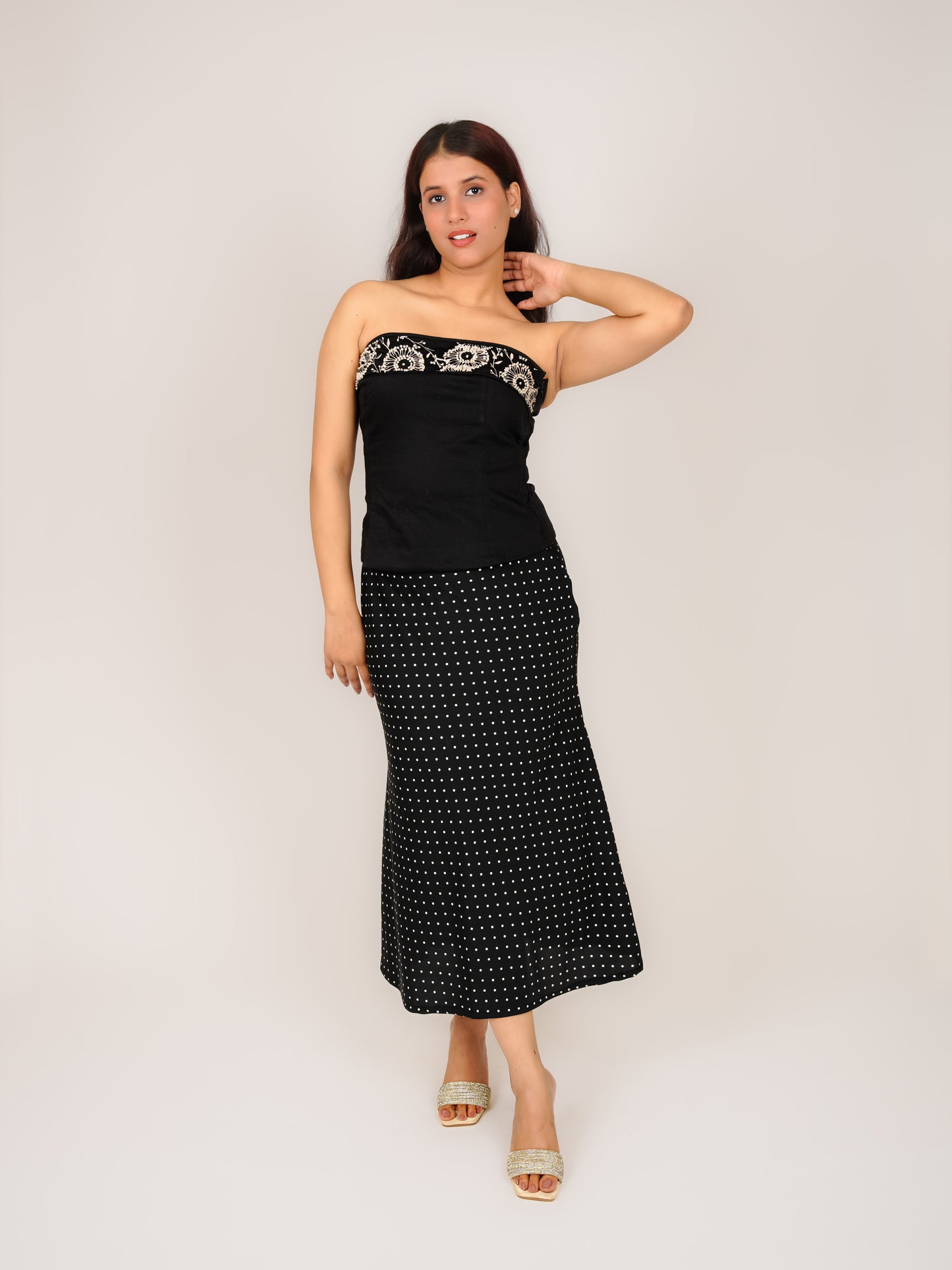 MONOMEE AZIZA BLACK POLKA DOT A-LINE SKIRT
