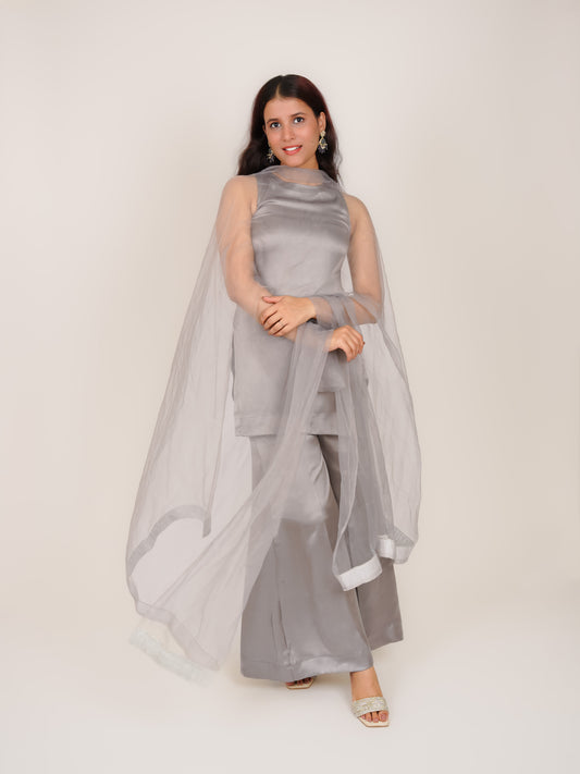 RIDHIMA GREY SATIN SHORT KURTI WITH PALAZZO & DUPATTA