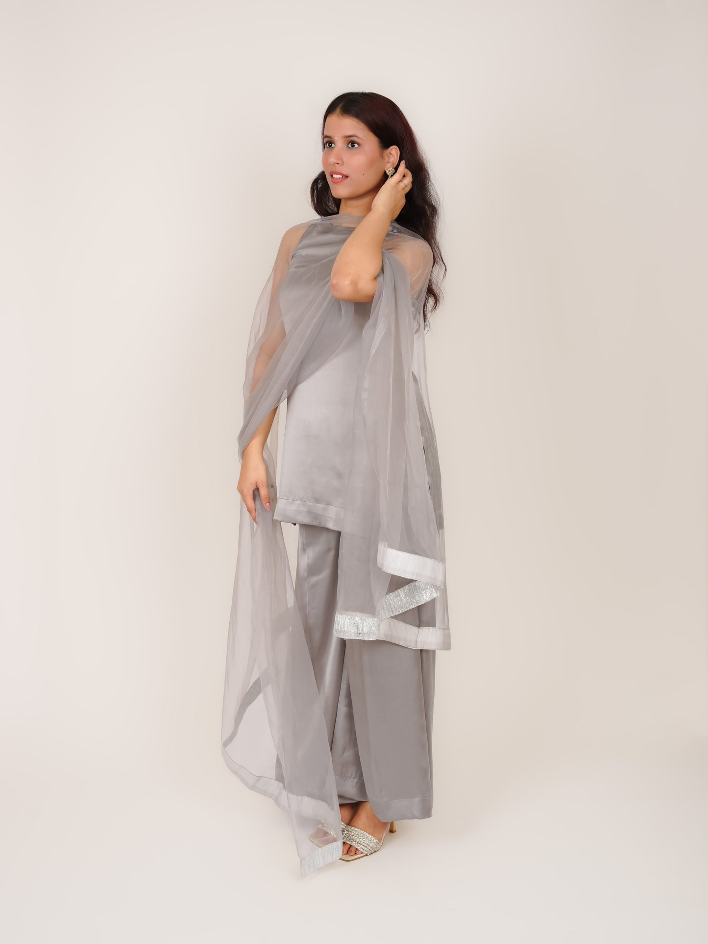 RIDHIMA GREY SATIN SHORT KURTI WITH PALAZZO & DUPATTA