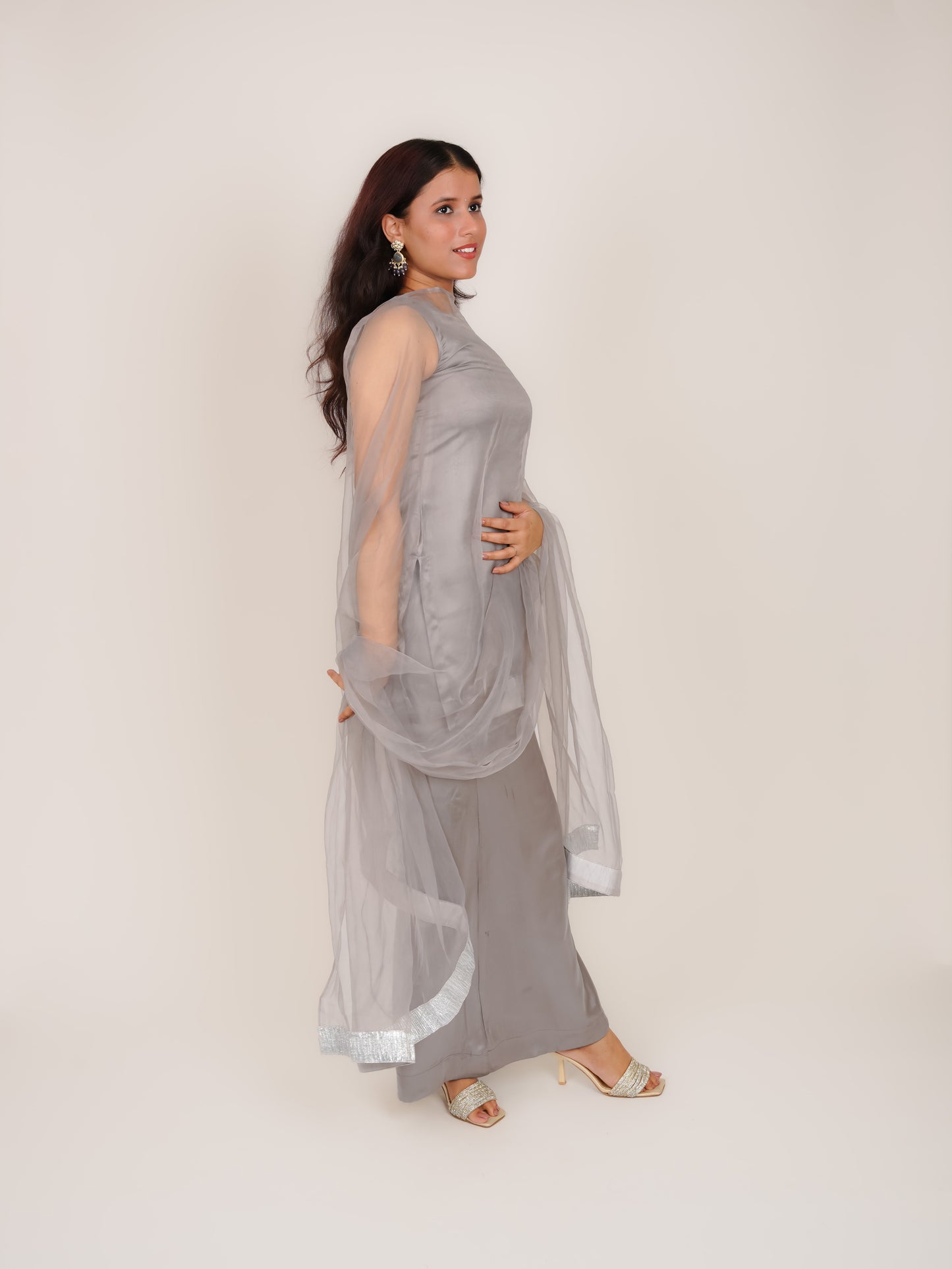 RIDHIMA GREY SATIN SHORT KURTI WITH PALAZZO & DUPATTA