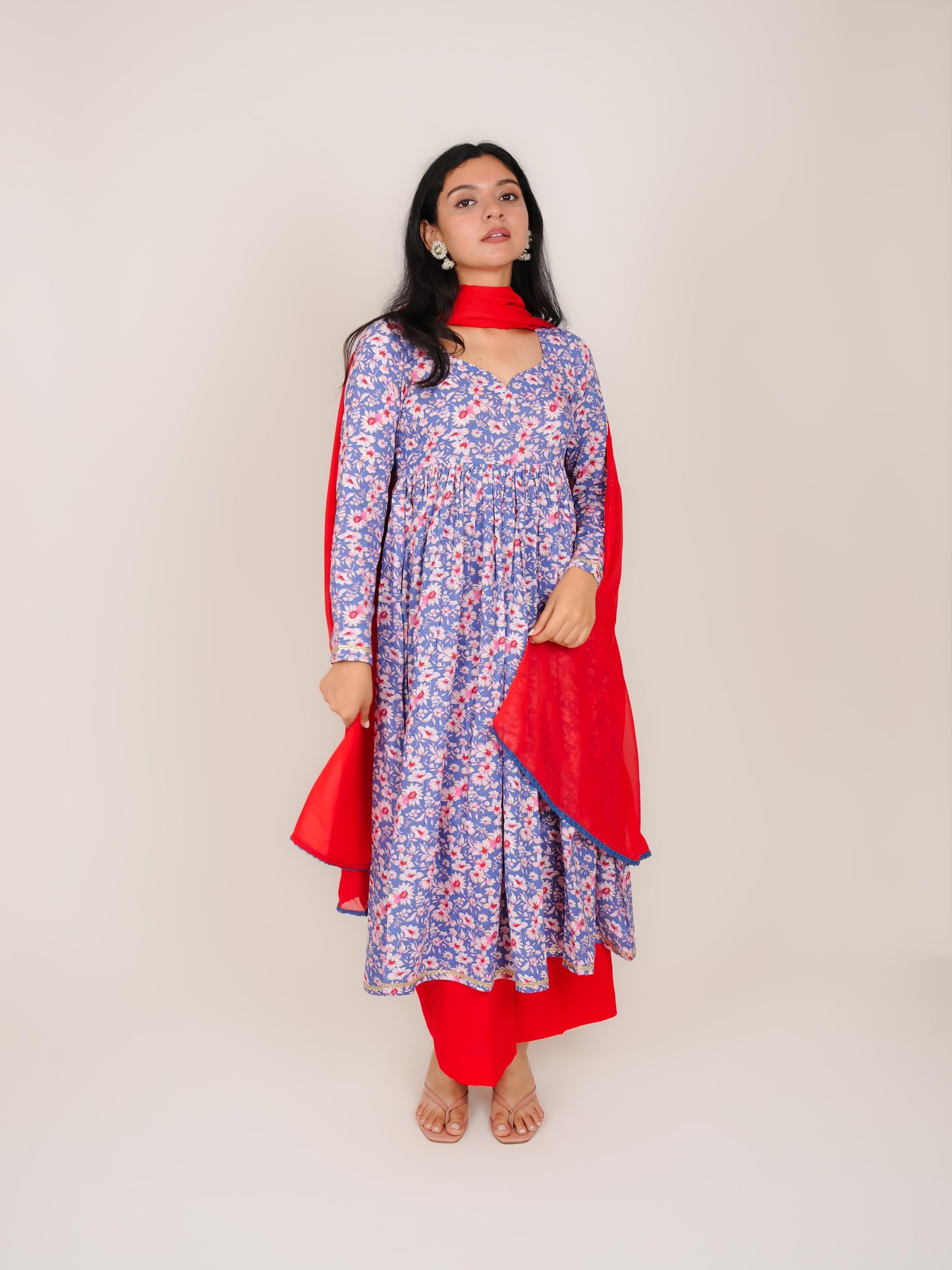 VAANYA BLUE FLORAL RAYON ANARKALI KURTA WITH PALAZZO AND DUPATTA