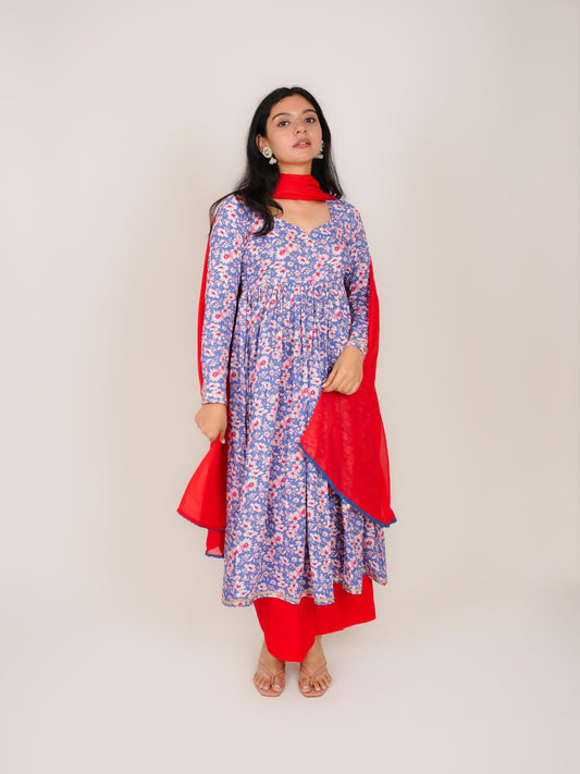 VAANYA BLUE FLORAL RAYON ANARKALI KURTA WITH PALAZZO AND DUPATTA