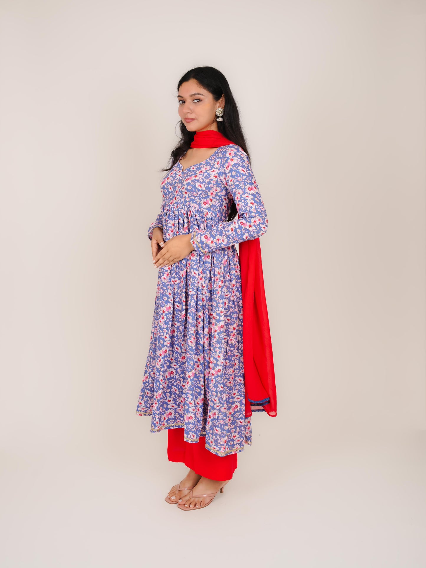 VAANYA BLUE FLORAL RAYON ANARKALI KURTA WITH PALAZZO AND DUPATTA