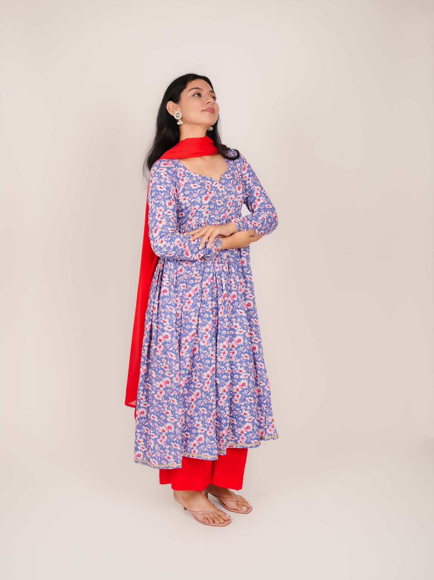 VAANYA BLUE FLORAL RAYON ANARKALI KURTA WITH PALAZZO AND DUPATTA