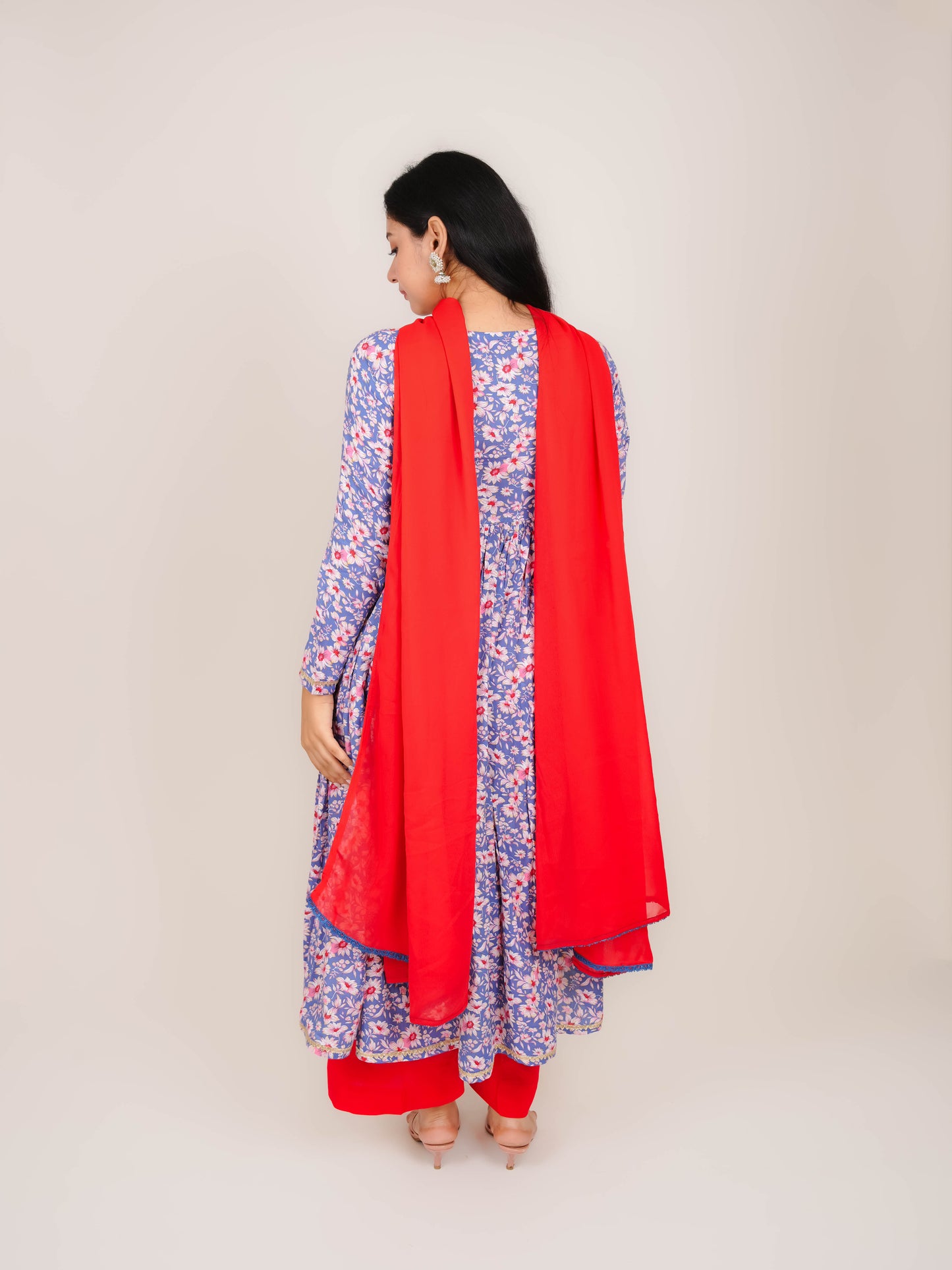 VAANYA BLUE FLORAL RAYON ANARKALI KURTA WITH PALAZZO AND DUPATTA