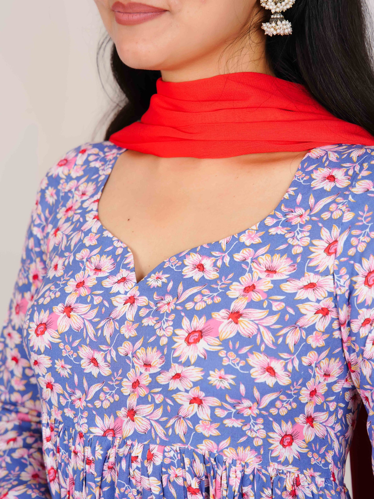 VAANYA BLUE FLORAL RAYON ANARKALI KURTA WITH PALAZZO AND DUPATTA