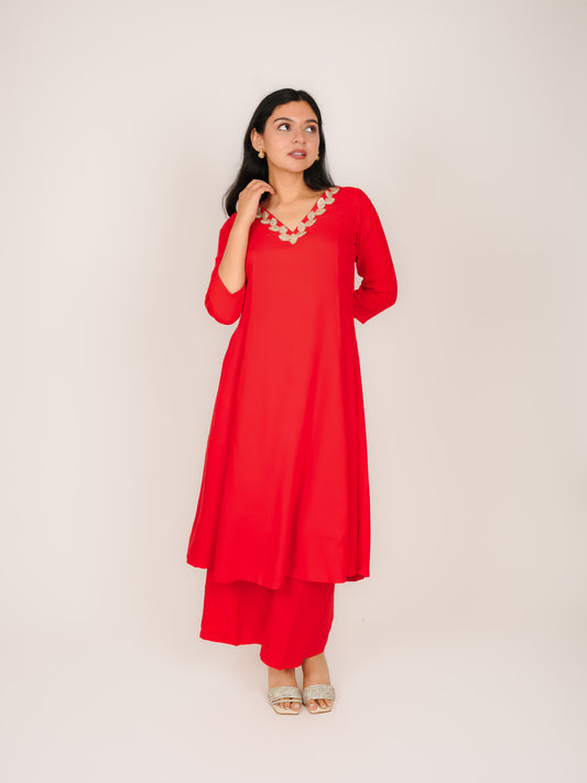 AARADHYA RED RAYON KURTA WITH PALAZZOS