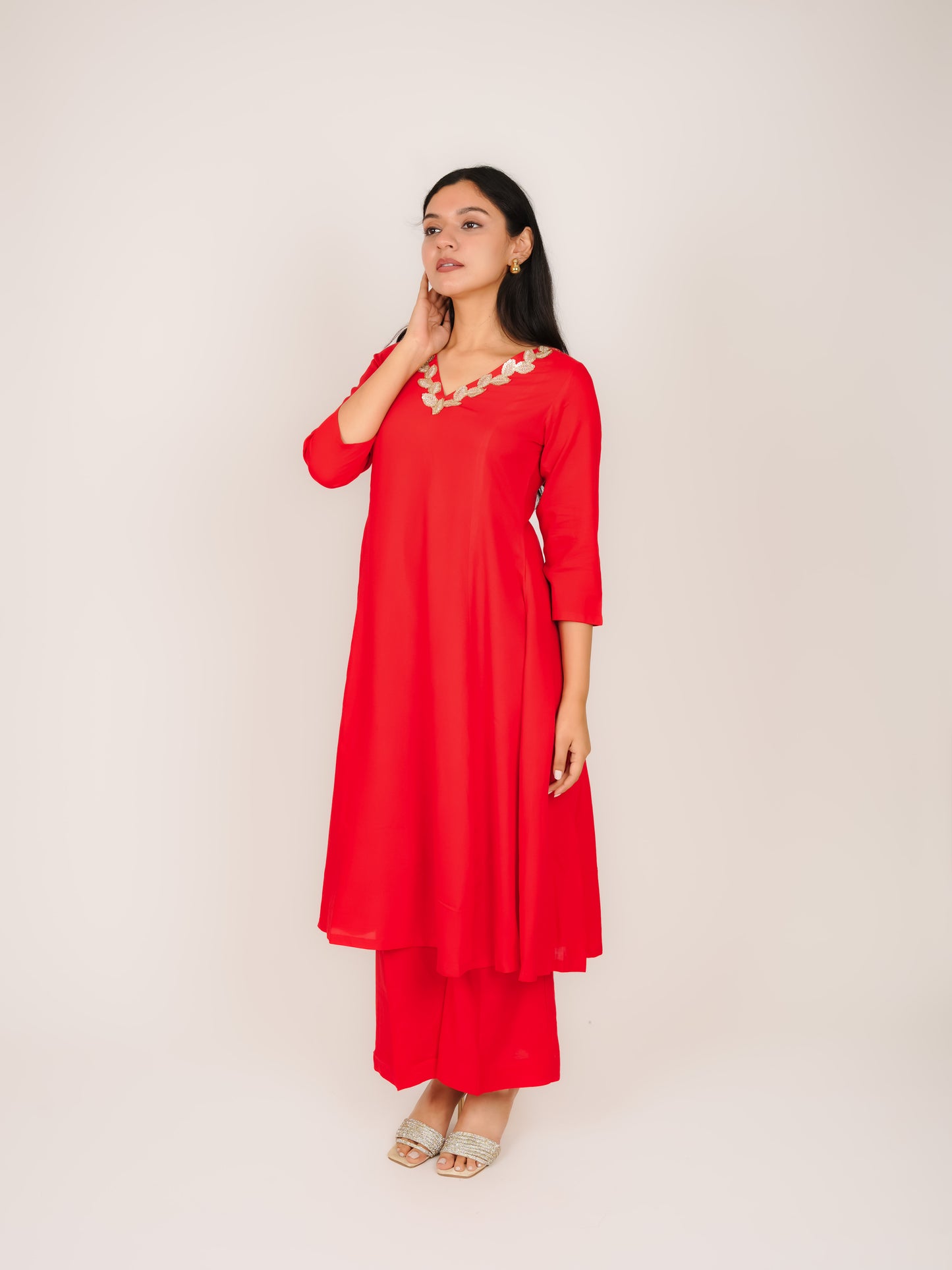 AARADHYA RED RAYON KURTA WITH PALAZZOS