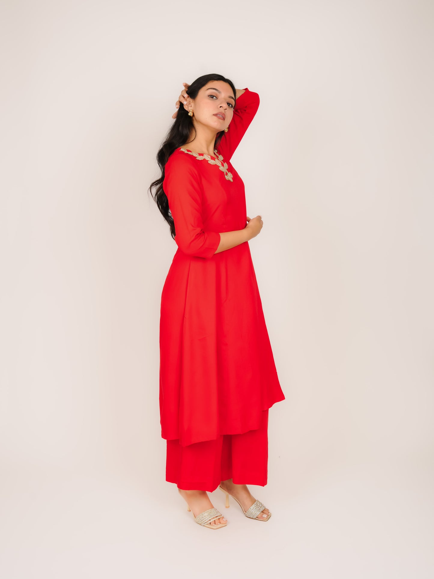 AARADHYA RED RAYON KURTA WITH PALAZZOS