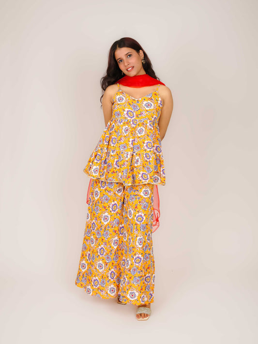 MEHIRA V-NECK SHOULDER STRAPS TIERED A-LINE KURTA WITH PALAZZOS & DUPATTA