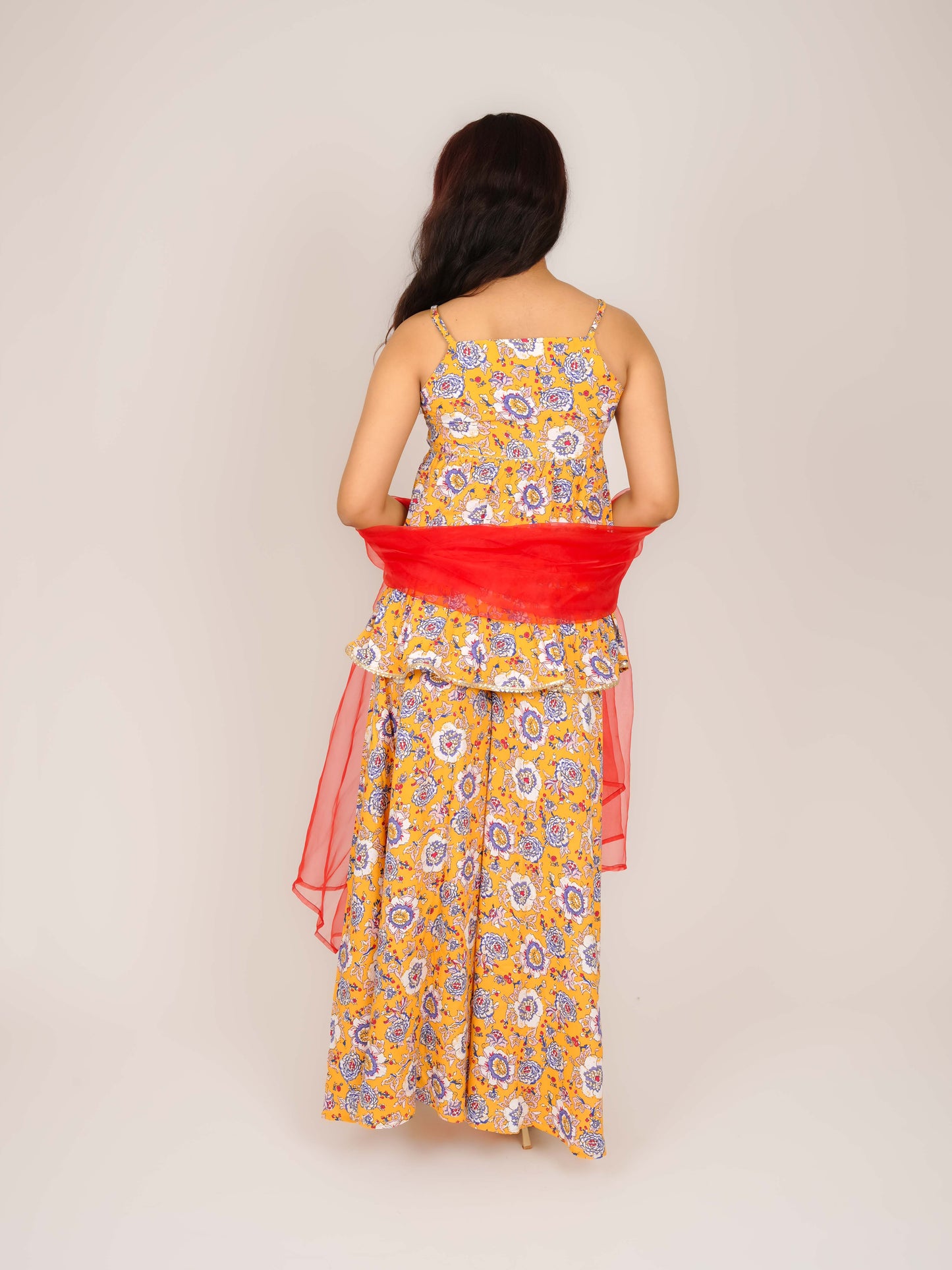 MEHIRA V-NECK SHOULDER STRAPS TIERED A-LINE KURTA WITH PALAZZOS & DUPATTA