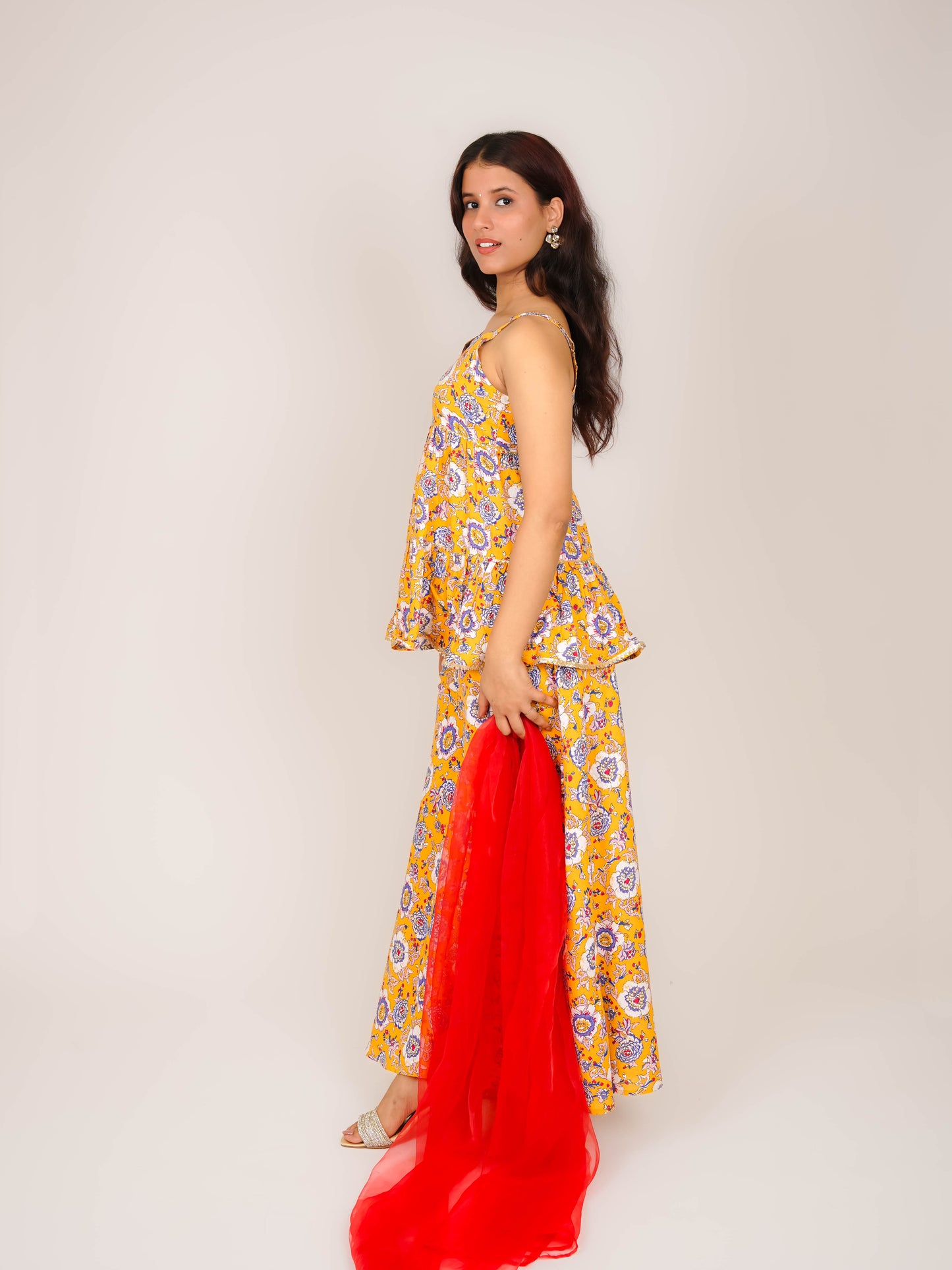 MEHIRA V-NECK SHOULDER STRAPS TIERED A-LINE KURTA WITH PALAZZOS & DUPATTA
