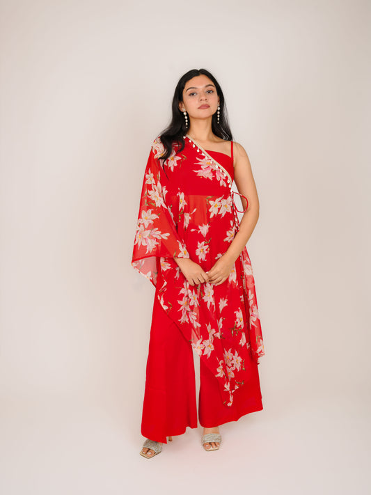 AMAYA RED FLORAL CO-ORD CROP TOP & CAPE WITH PALAZZO SET