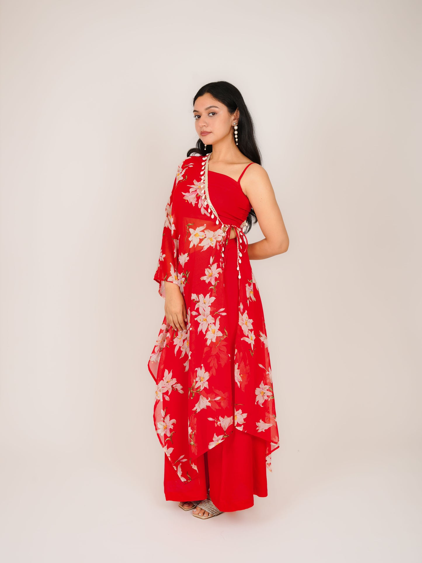 AMAYA RED FLORAL CO-ORD CROP TOP & CAPE WITH PALAZZO SET