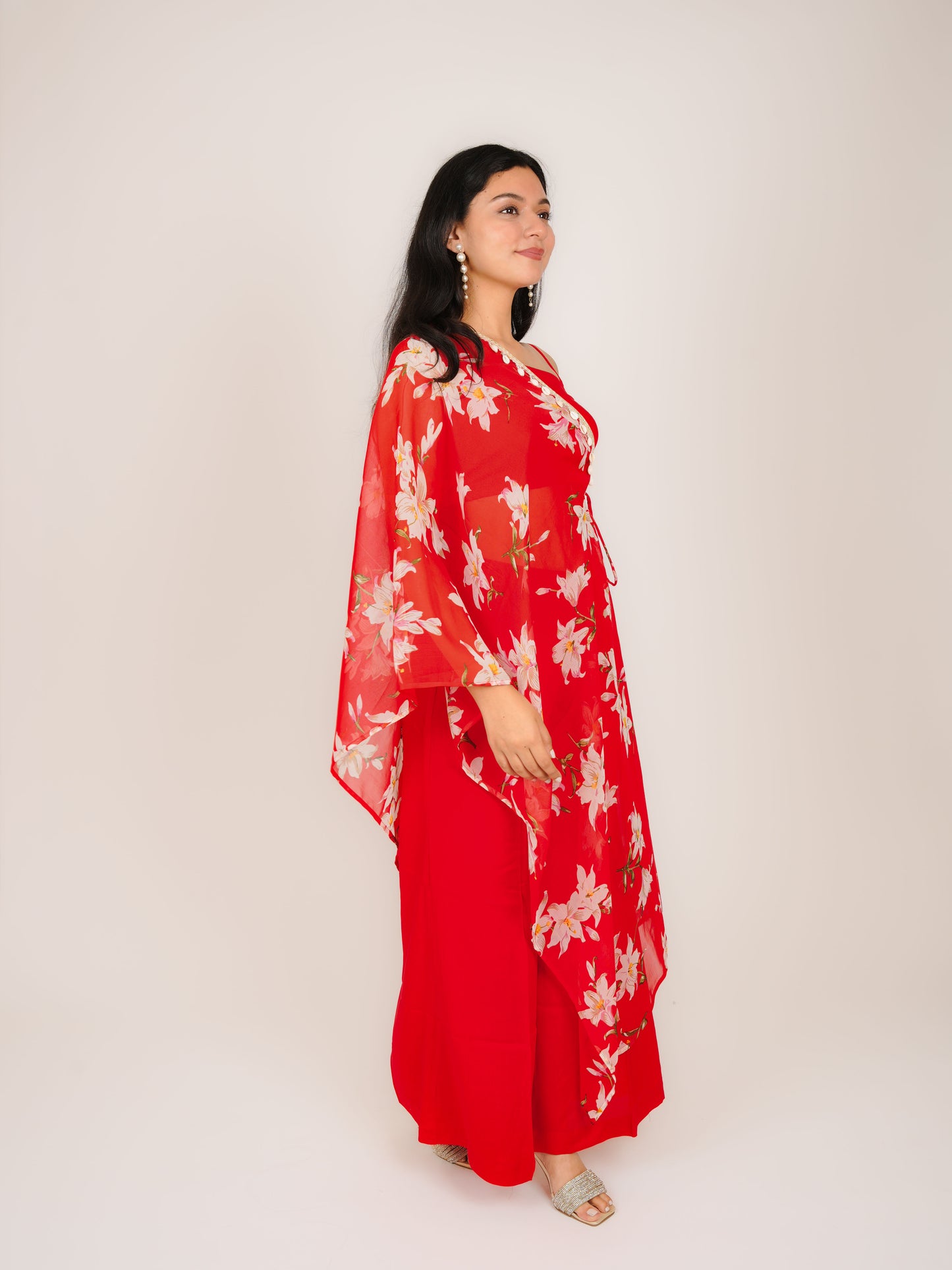 AMAYA RED FLORAL CO-ORD CROP TOP & CAPE WITH PALAZZO SET