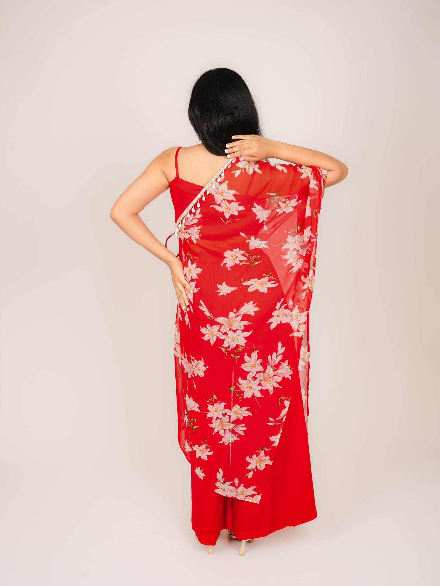 AMAYA RED FLORAL CO-ORD CROP TOP & CAPE WITH PALAZZO SET