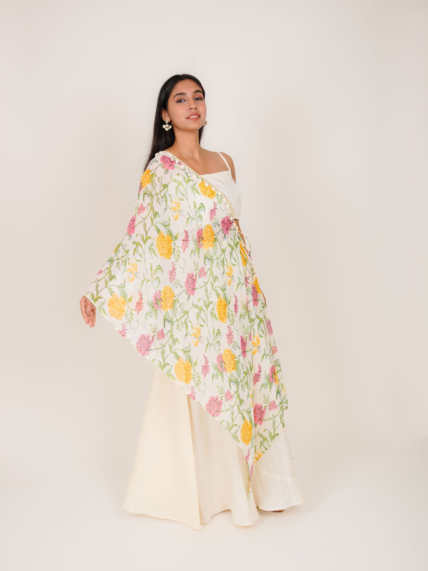 TANIRA OFF-WHITE FLORAL CO-ORD CROP TOP & CAPE WITH PALAZZO SET