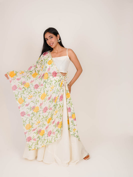 TANIRA OFF-WHITE FLORAL CO-ORD CROP TOP & CAPE WITH PALAZZO SET