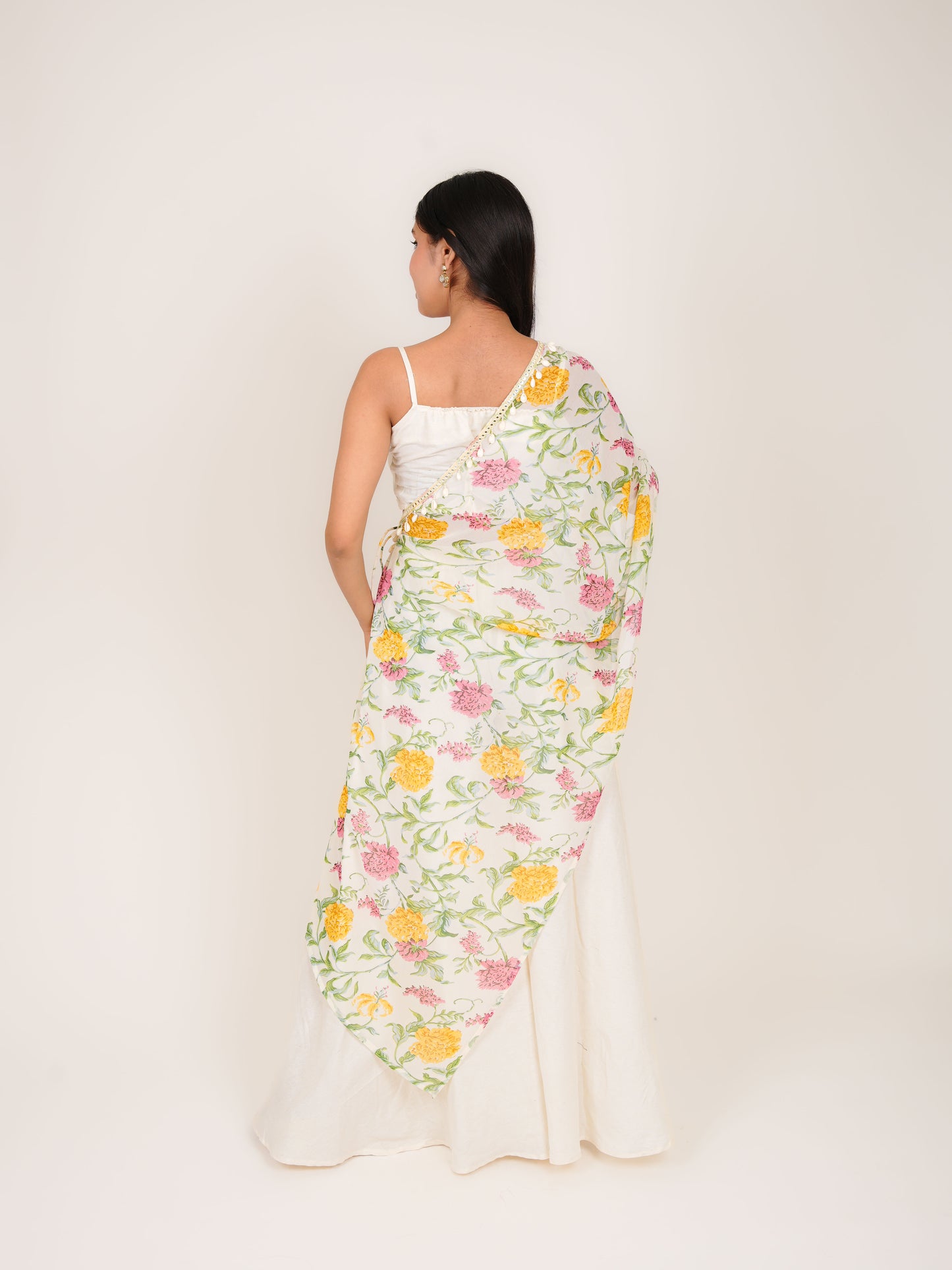 TANIRA OFF-WHITE FLORAL CO-ORD CROP TOP & CAPE WITH PALAZZO SET