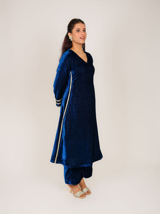 VRUTIKA BLUE V-NECK BELL SLEEVE A-LINE VELVET KURTA WITH PALAZZOS