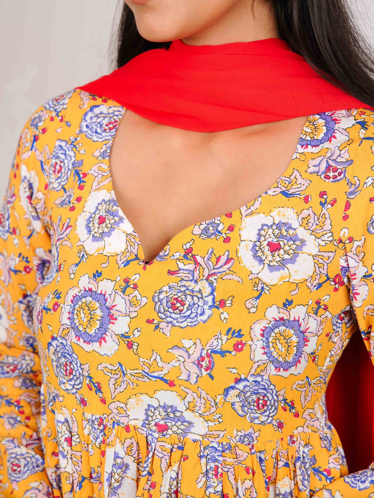 DIARA YELLOW FLORAL RAYON ANARKALI KURTA WITH PALAZZO AND DUPATTA