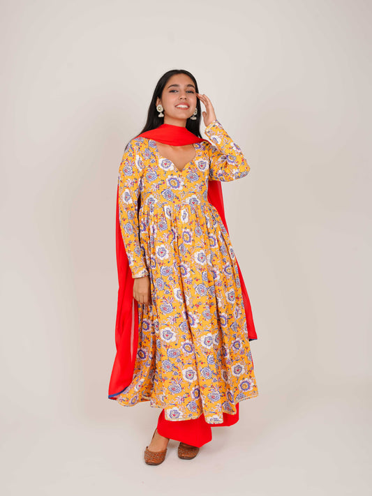 DIARA YELLOW FLORAL RAYON ANARKALI KURTA WITH PALAZZO AND DUPATTA