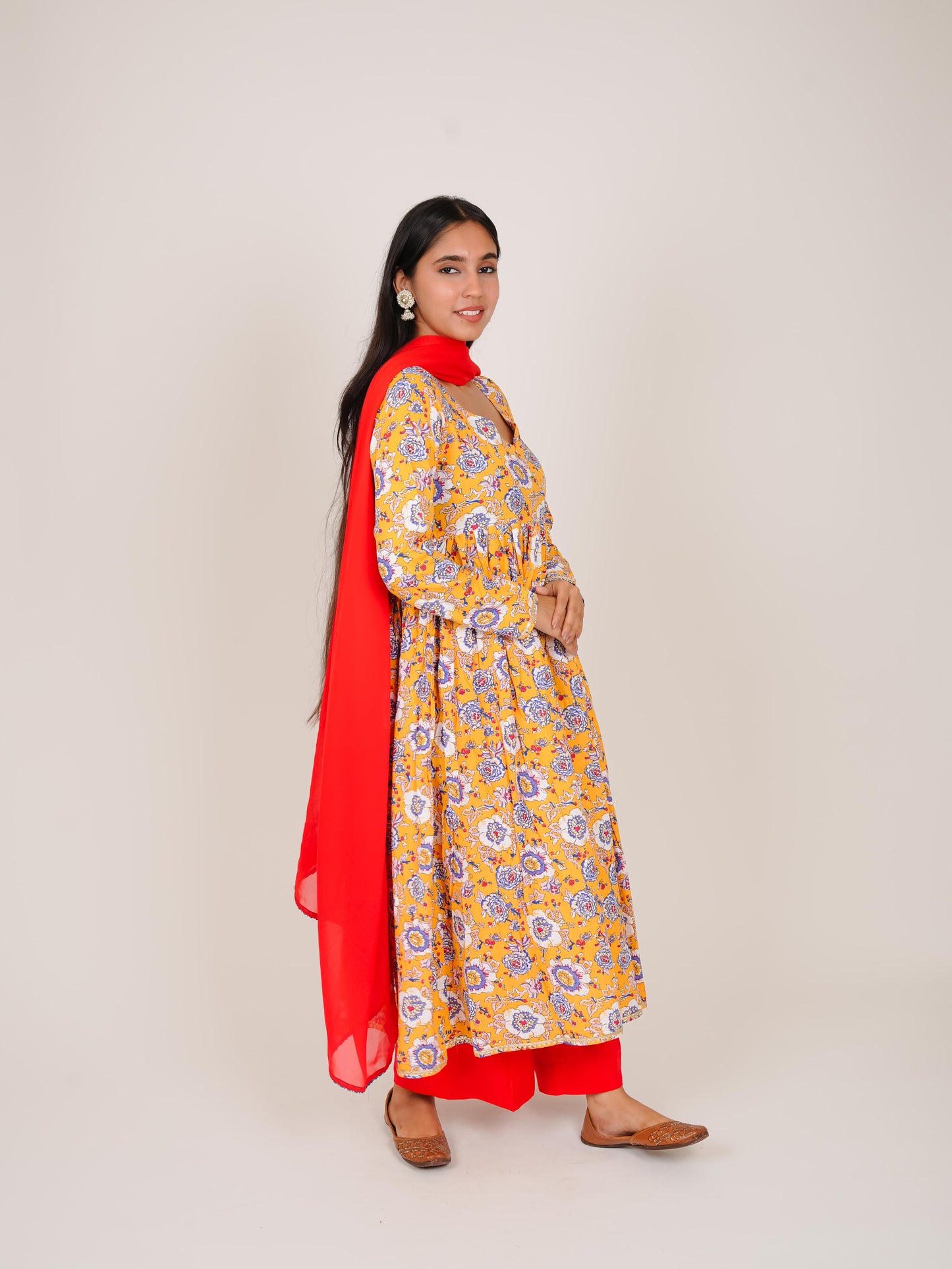 DIARA YELLOW FLORAL RAYON ANARKALI KURTA WITH PALAZZO AND DUPATTA