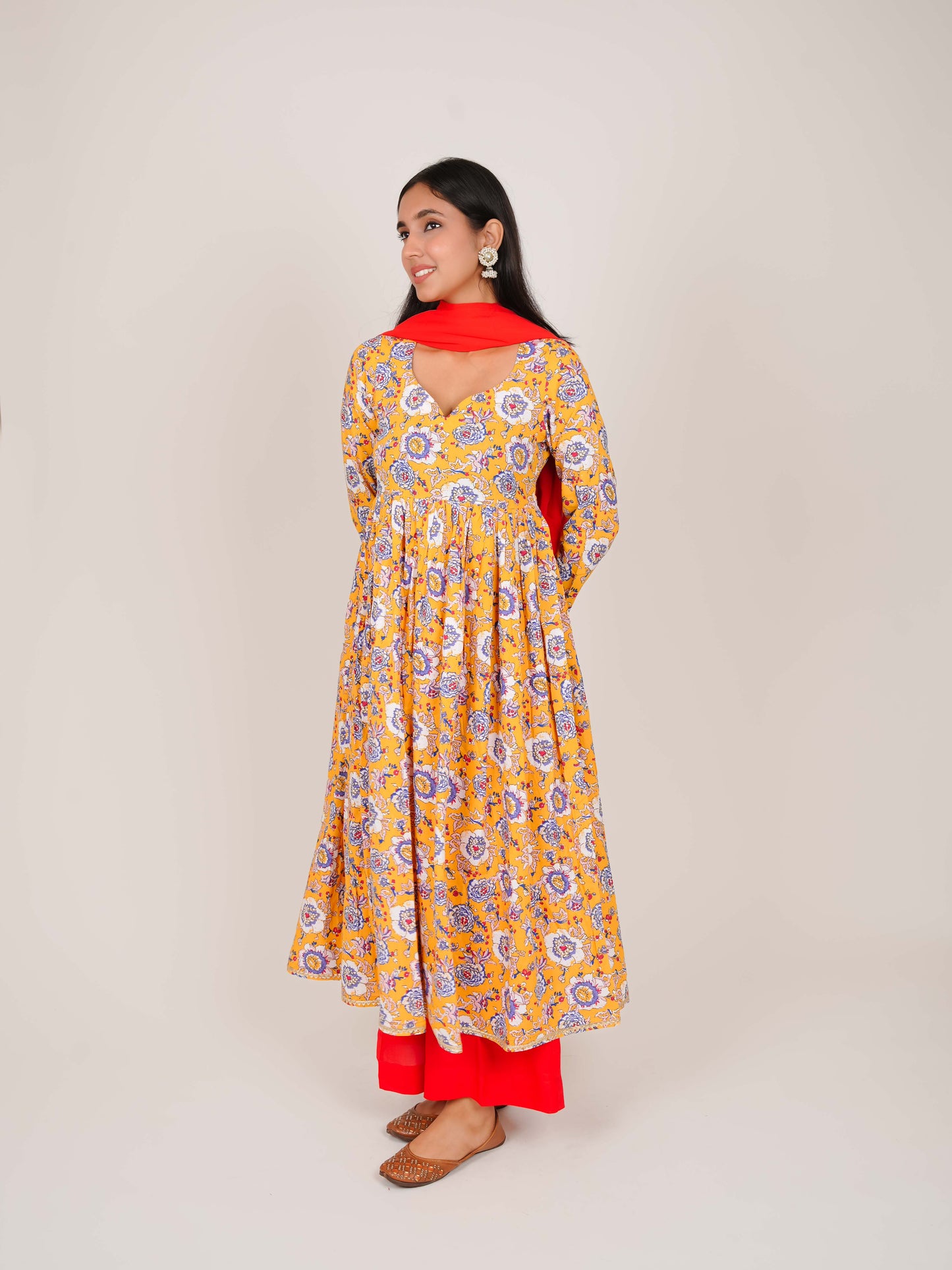 DIARA YELLOW FLORAL RAYON ANARKALI KURTA WITH PALAZZO AND DUPATTA