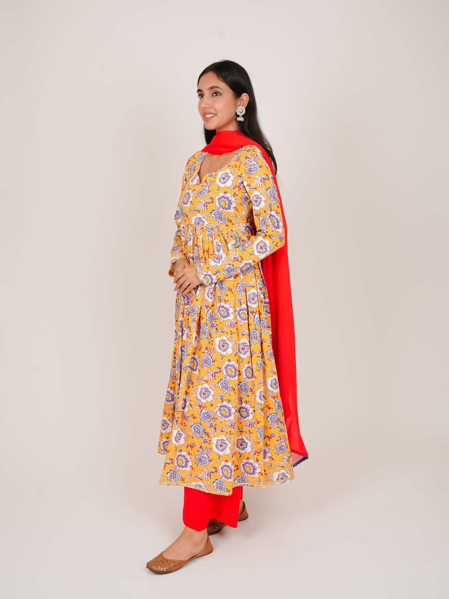 DIARA YELLOW FLORAL RAYON ANARKALI KURTA WITH PALAZZO AND DUPATTA