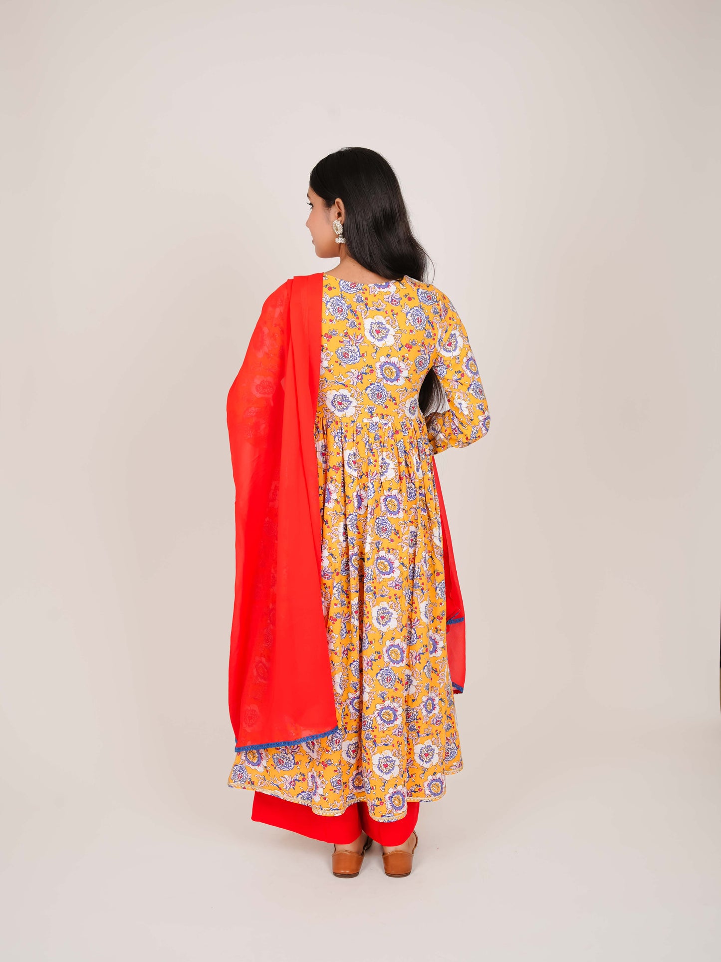 DIARA YELLOW FLORAL RAYON ANARKALI KURTA WITH PALAZZO AND DUPATTA