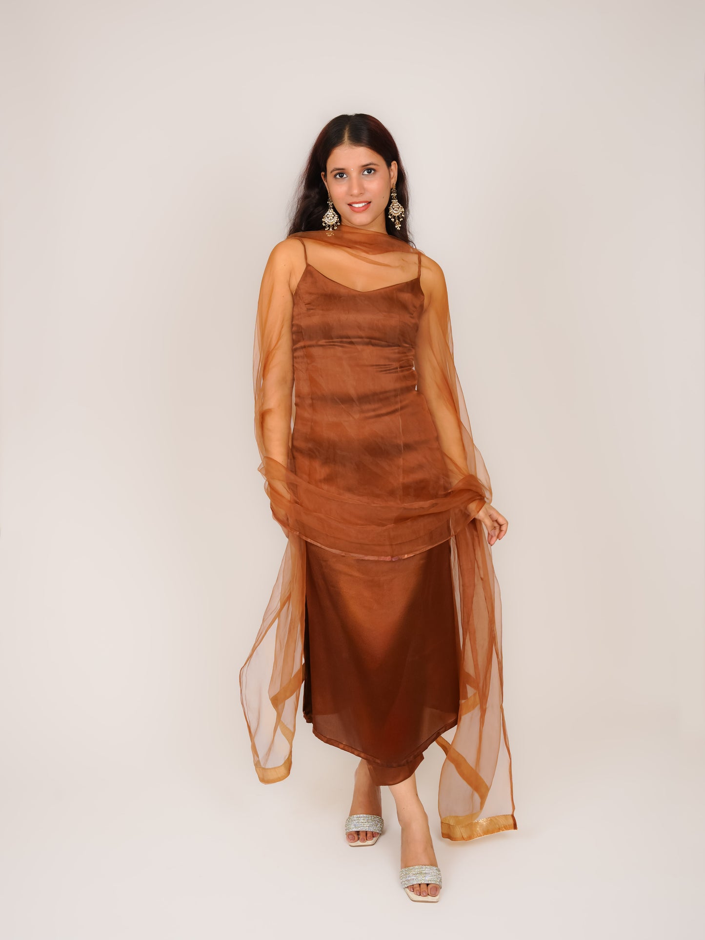 JENIKA BROWN NOODLE STRAP SATIN SUIT SET