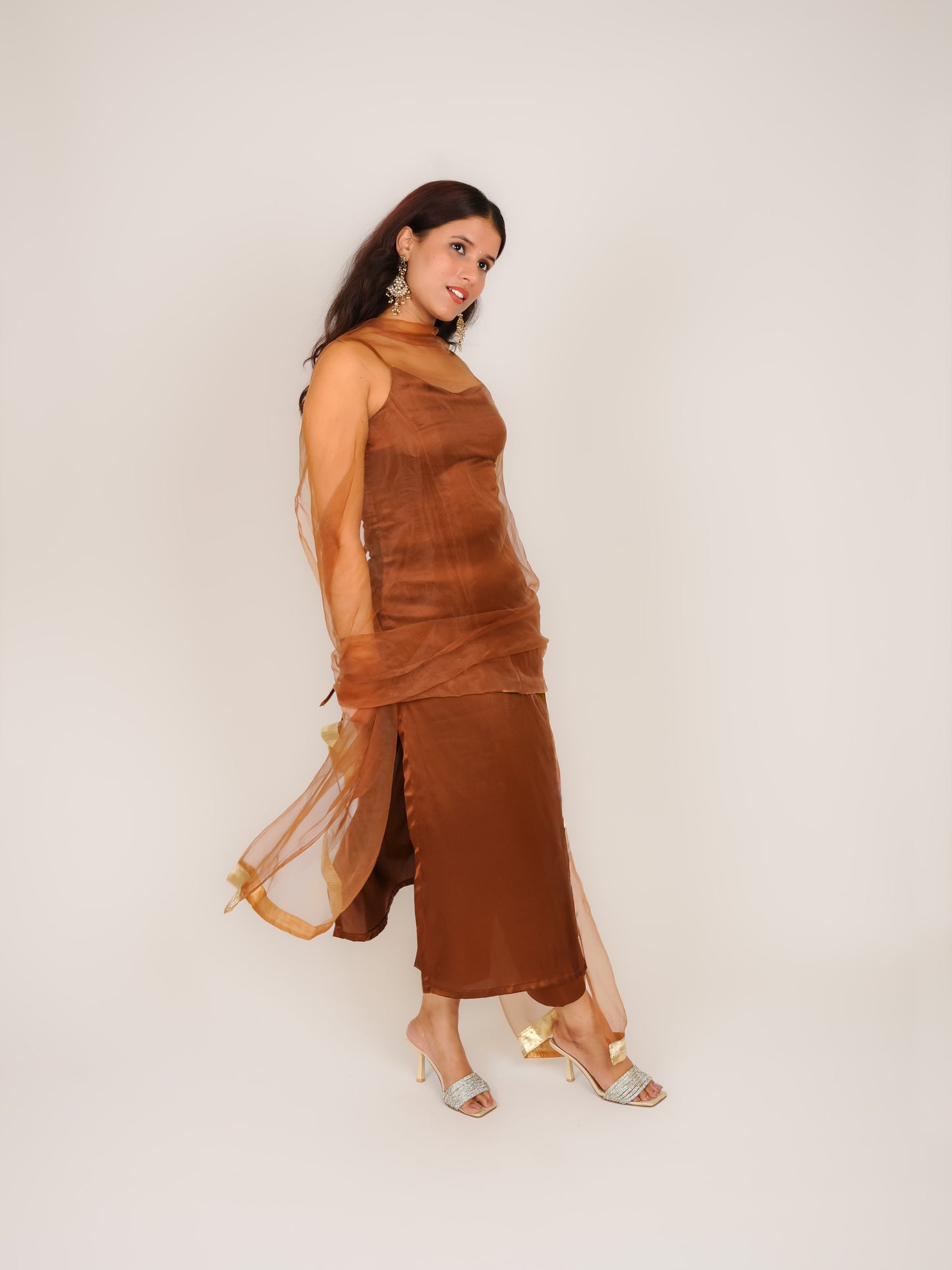 JENIKA BROWN NOODLE STRAP SATIN SUIT SET