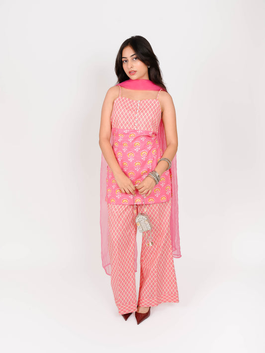 MONOMEE VAITASHI PURE COTTON SHORT KURTI WITH PALAZZOS & WITH DUPATTA