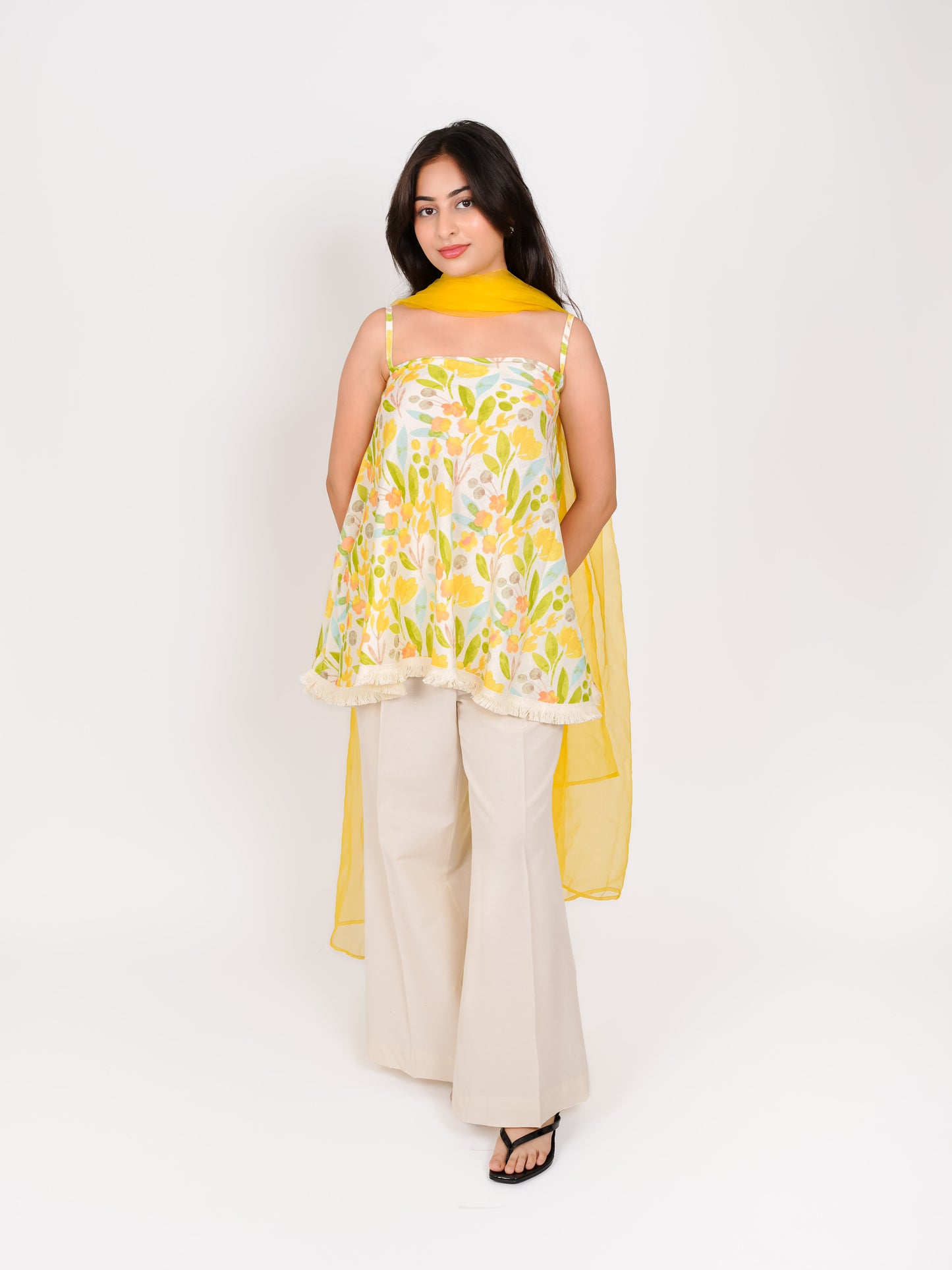 MONOMEE TRAYANTA FLORAL COTTON FLARED KURTA SET WITH PALAZZO & DUPATTA