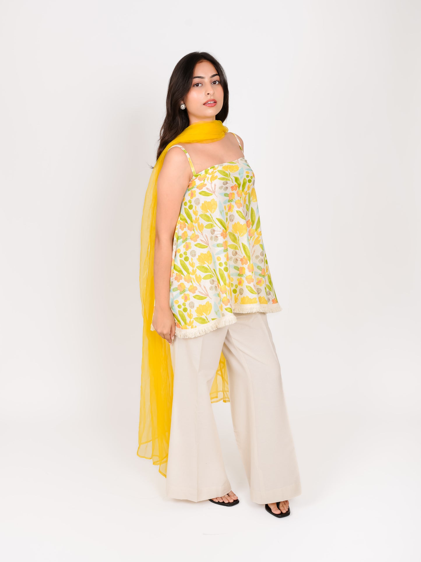 MONOMEE TRAYANTA FLORAL COTTON FLARED KURTA SET WITH PALAZZO & DUPATTA